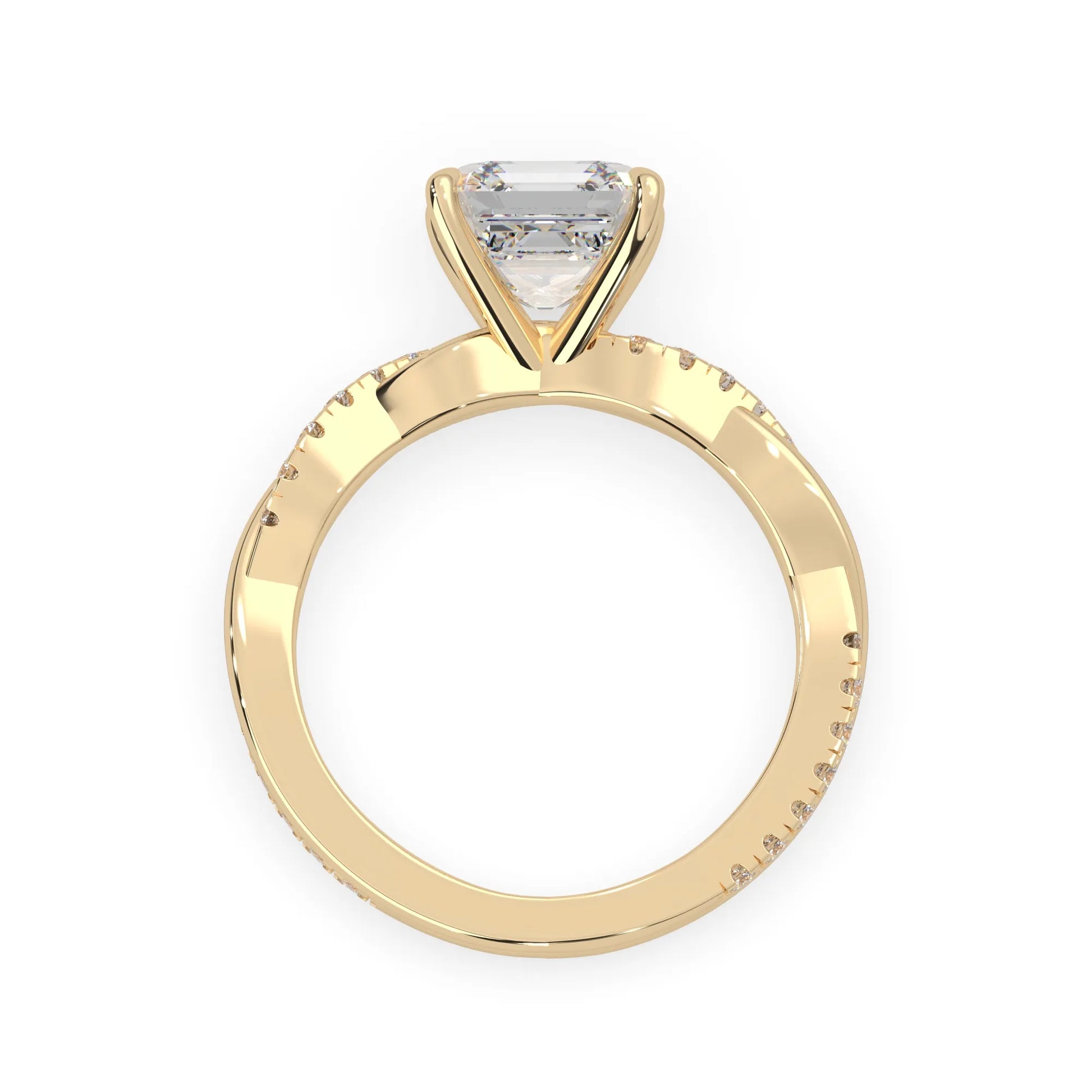 Asscher brilliant lab grown diamond engagement ring with prong setting and twisted pavé diamond band in yellow gold tone
