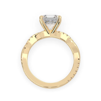 Asscher brilliant lab grown diamond engagement ring with prong setting and twisted pavé diamond band in yellow gold tone