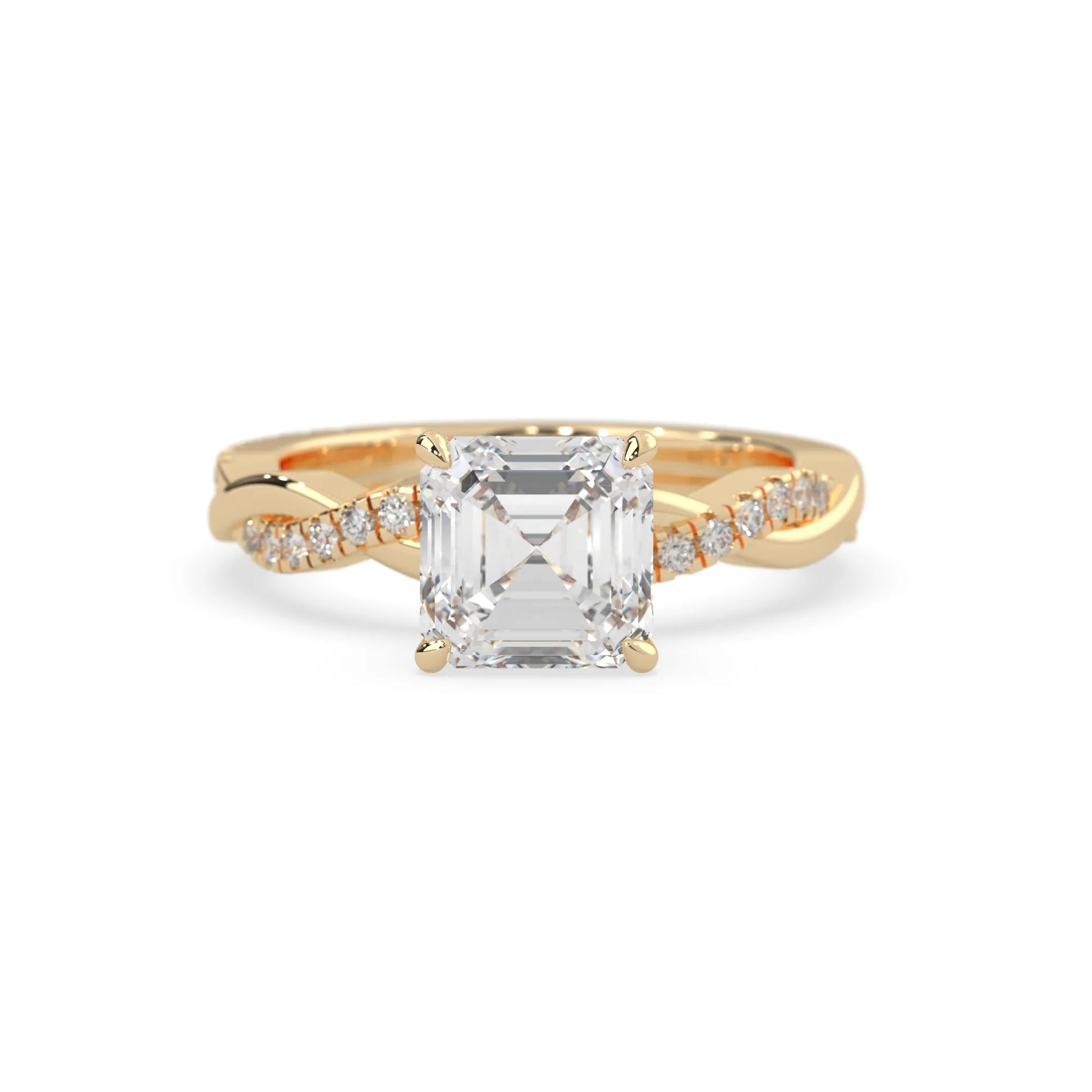 Asscher brilliant lab grown diamond engagement ring with prong setting and twisted pavé diamond band in yellow gold tone