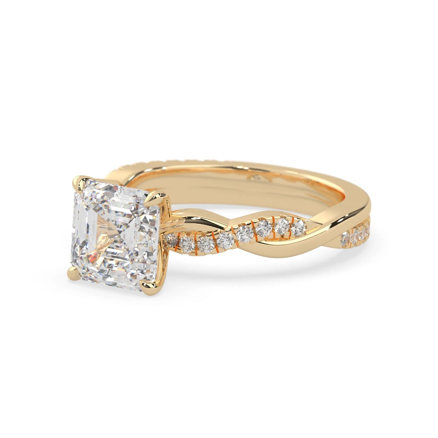 Asscher brilliant lab grown diamond engagement ring with prong setting and twisted pavé diamond band in yellow gold tone
