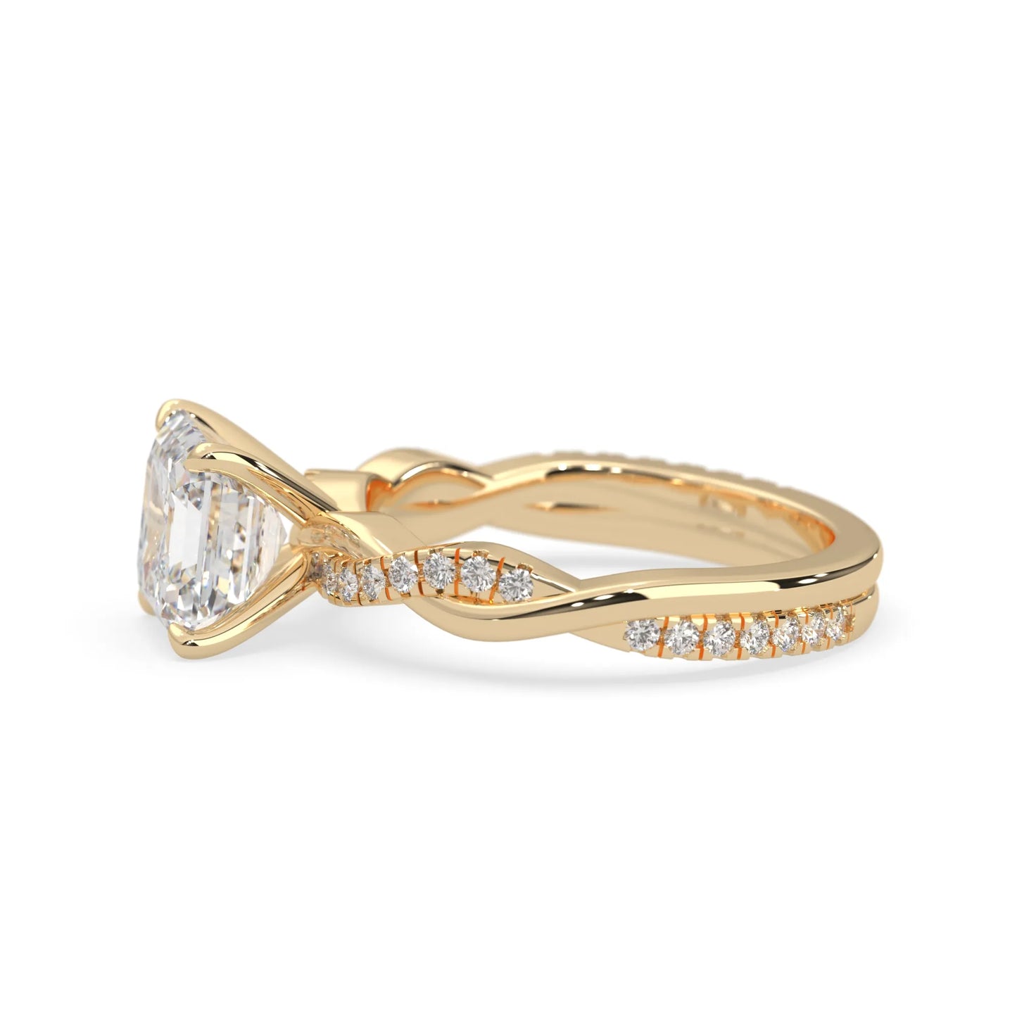 Asscher brilliant lab grown diamond engagement ring with prong setting and twisted pavé diamond band in yellow gold tone