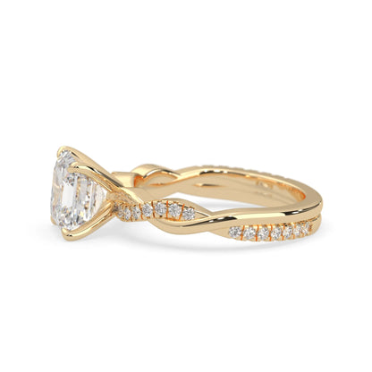 Asscher brilliant lab grown diamond engagement ring with prong setting and twisted pavé diamond band in yellow gold tone