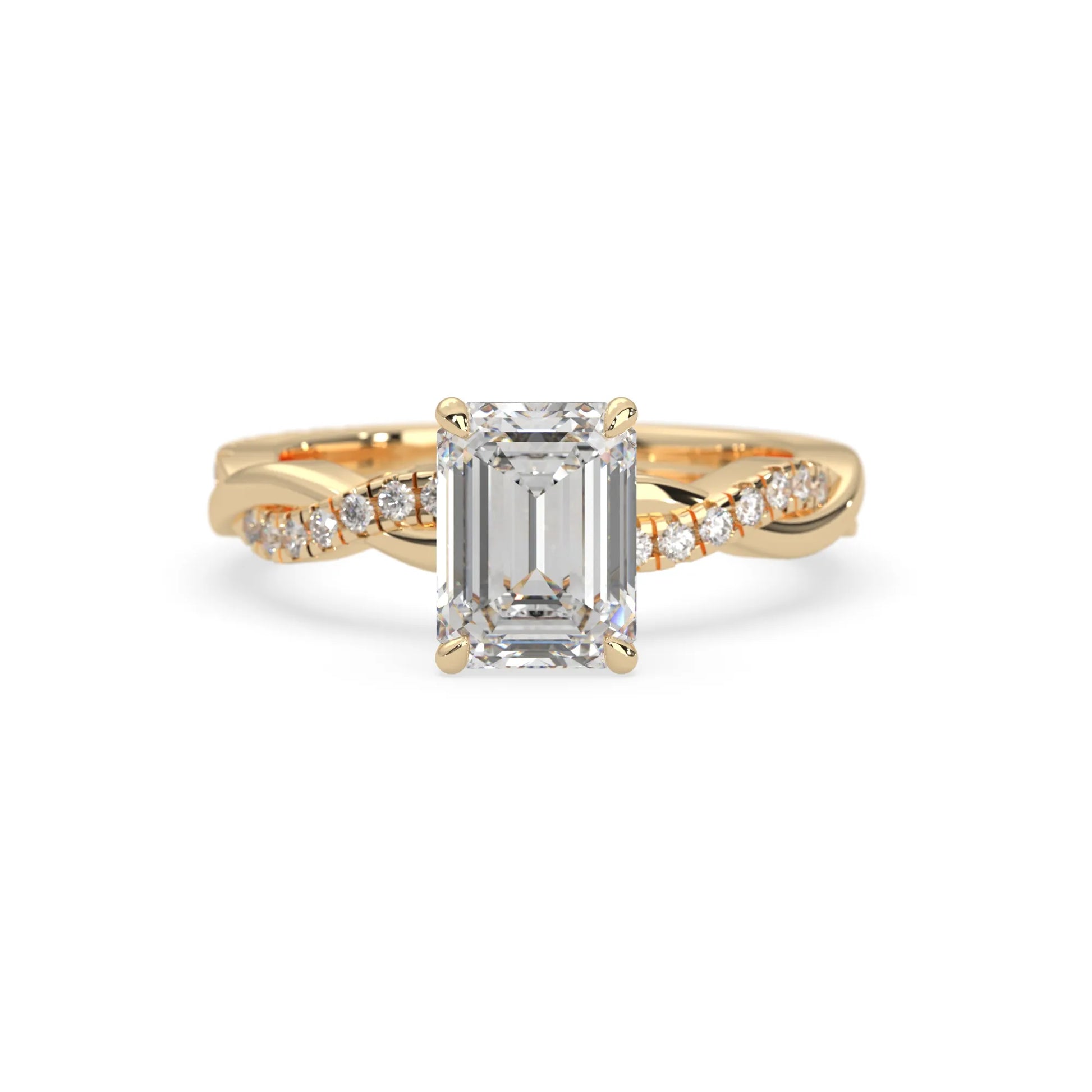 Emerald brilliant lab grown diamond engagement ring with prong setting and twisted pavé diamond band in yellow gold tone