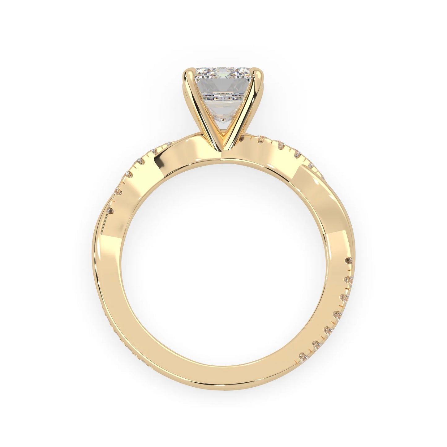 Emerald brilliant lab grown diamond engagement ring with prong setting and twisted pavé diamond band in yellow gold tone