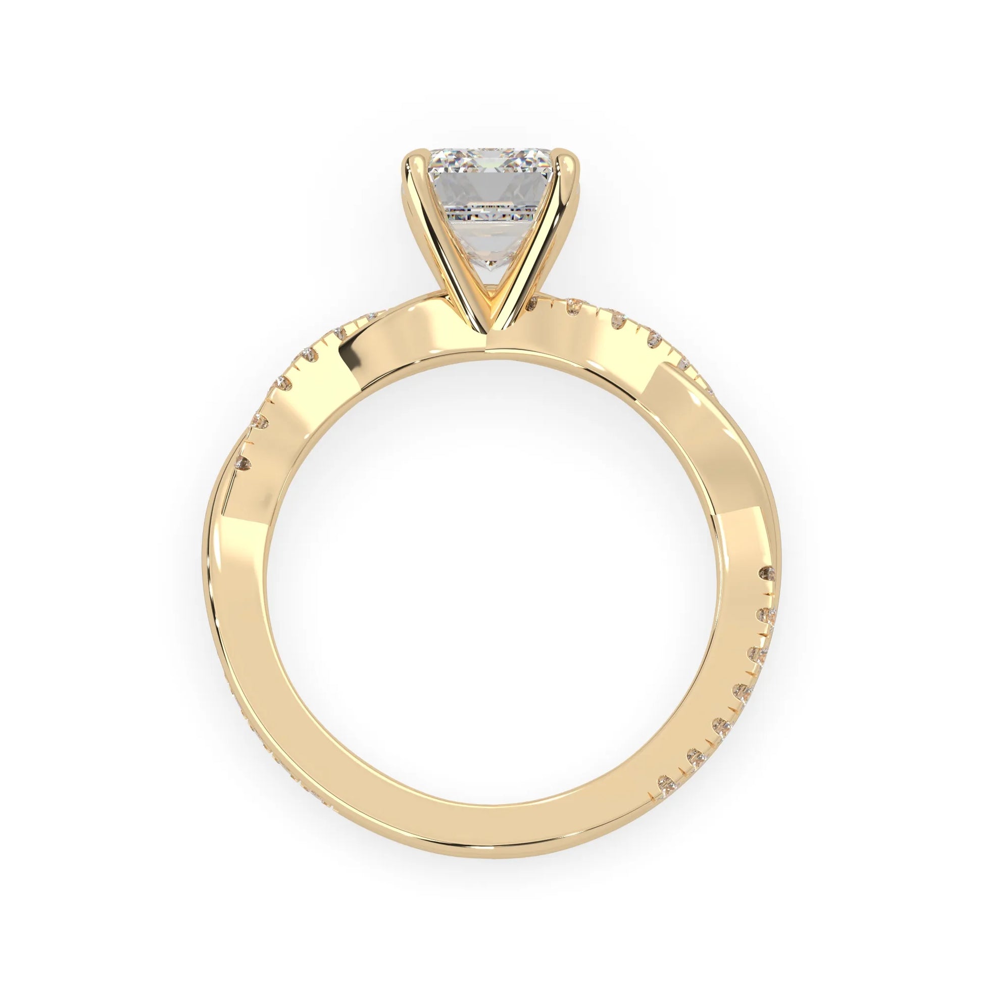 Emerald brilliant lab grown diamond engagement ring with prong setting and twisted pavé diamond band in yellow gold tone