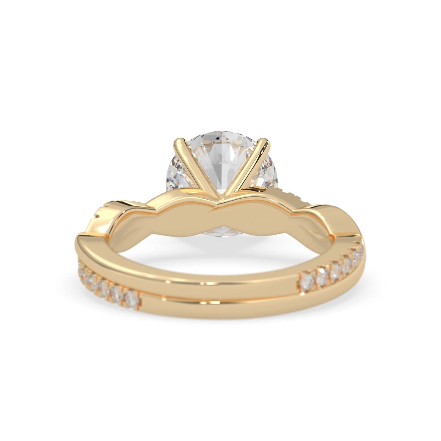 Round brilliant lab grown diamond engagement ring with prong setting and twisted pavé diamond band in yellow gold tone