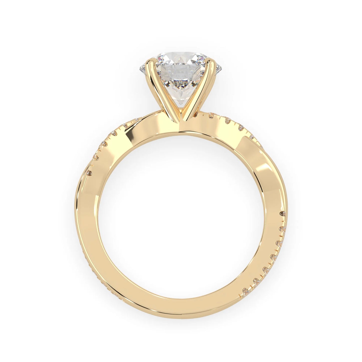 Round brilliant lab grown diamond engagement ring with prong setting and twisted pavé diamond band in yellow gold tone