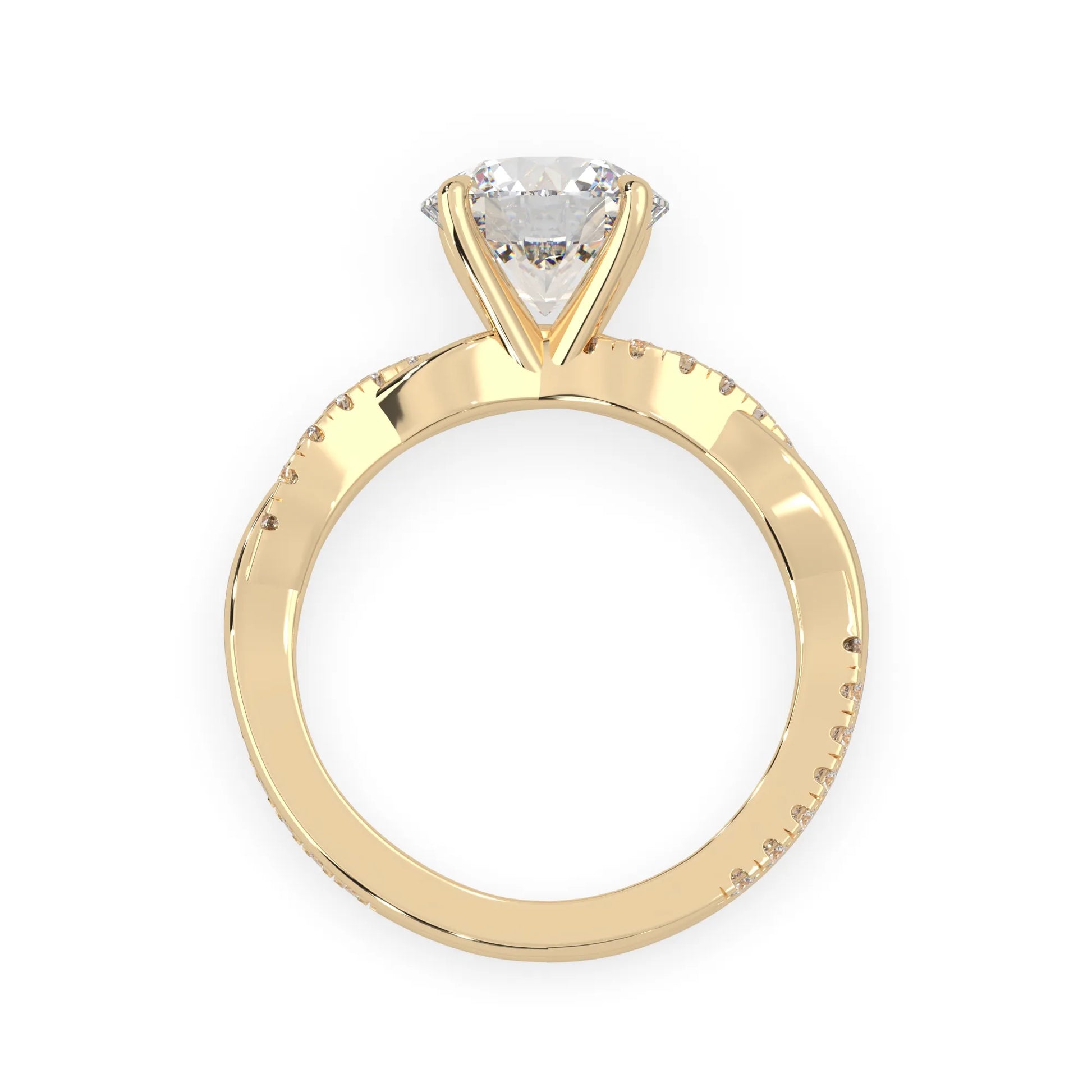 Round brilliant lab grown diamond engagement ring with prong setting and twisted pavé diamond band in yellow gold tone