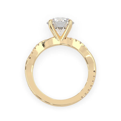 Round brilliant lab grown diamond engagement ring with prong setting and twisted pavé diamond band in yellow gold tone
