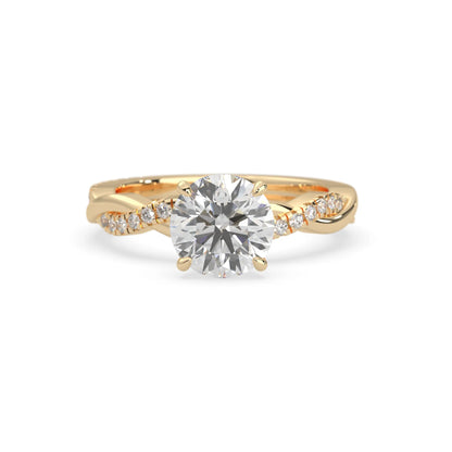 Round brilliant lab grown diamond engagement ring with prong setting and twisted pavé diamond band in yellow gold tone