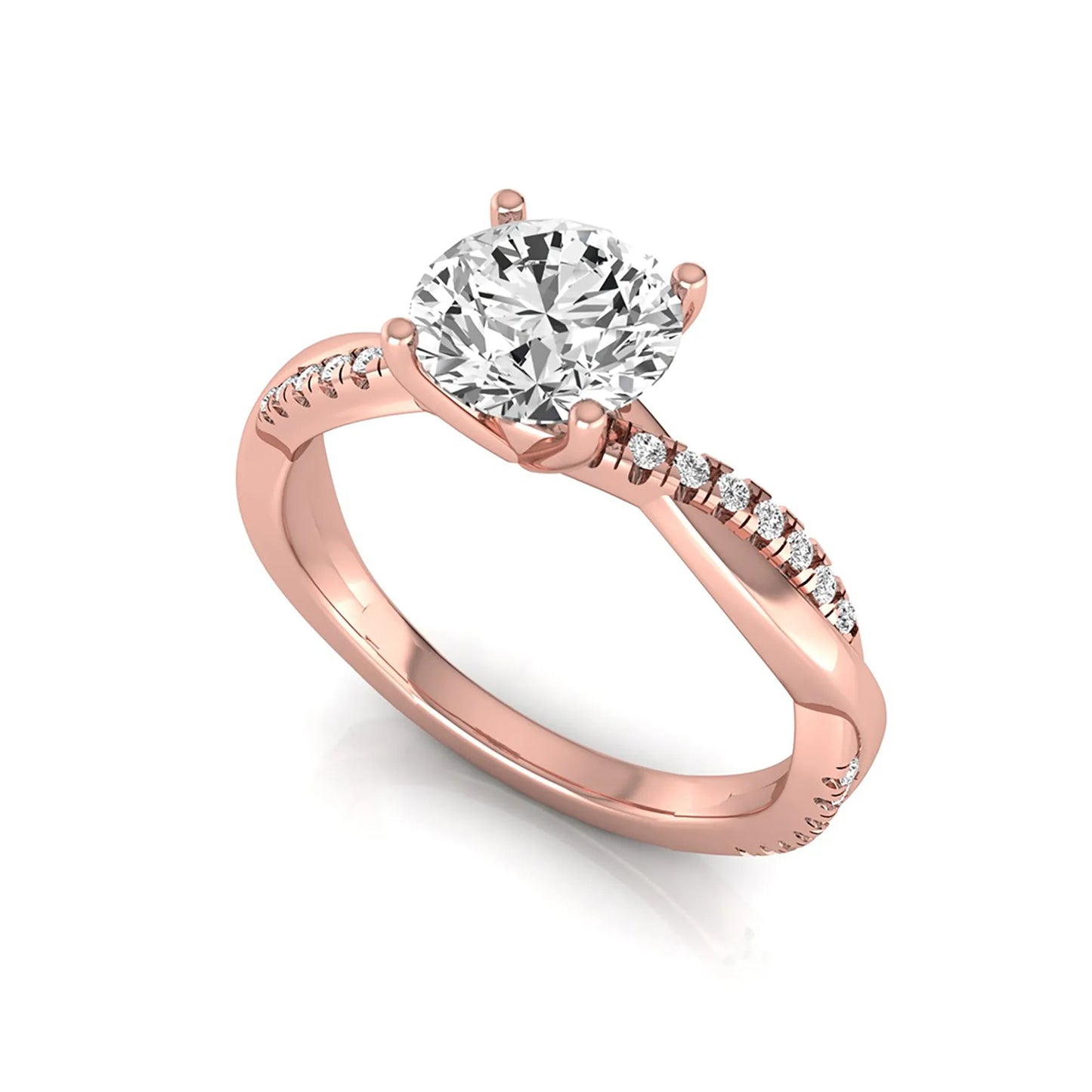 Round cut lab grown diamond engagement ring featuring a twisted pavé shank with a four-prong solitaire setting and polished rose gold tone band.