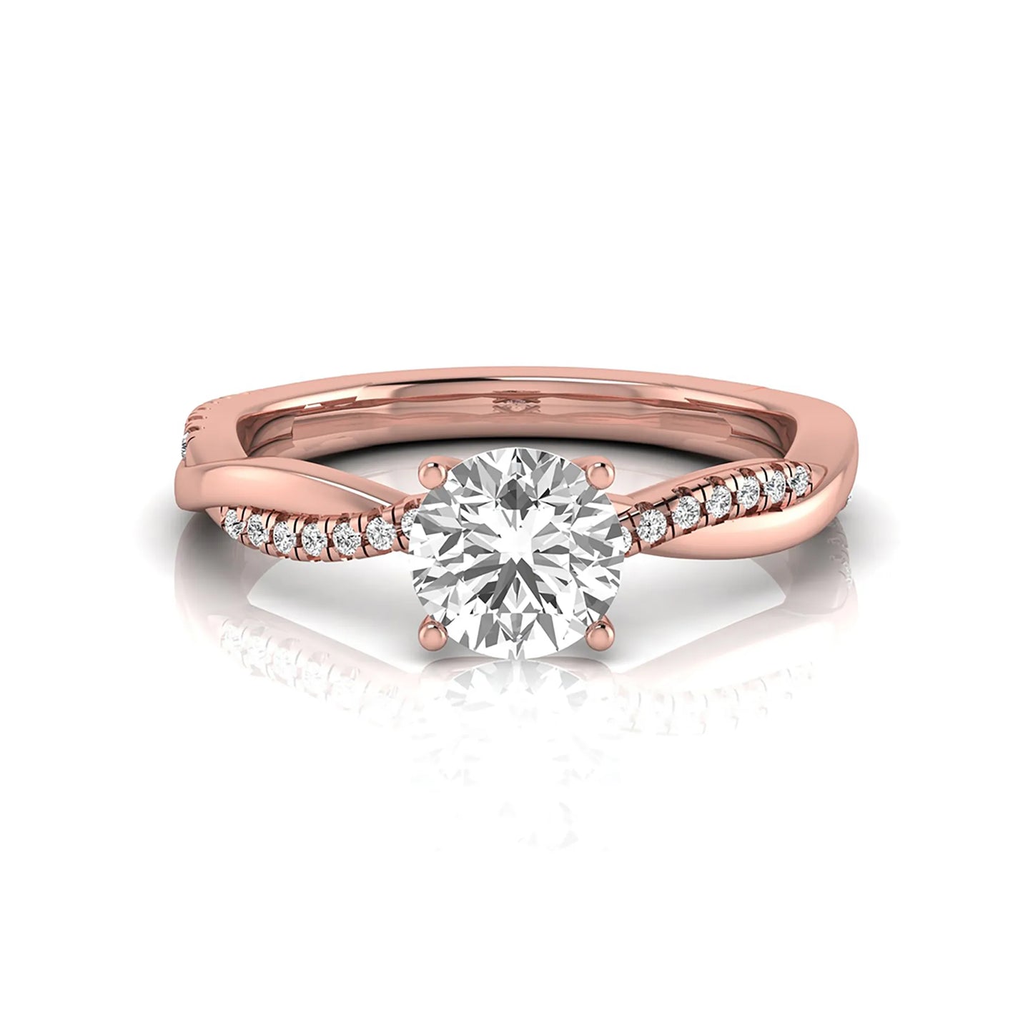 Round cut lab grown diamond engagement ring featuring a twisted pavé shank with a four-prong solitaire setting and polished rose gold tone band.