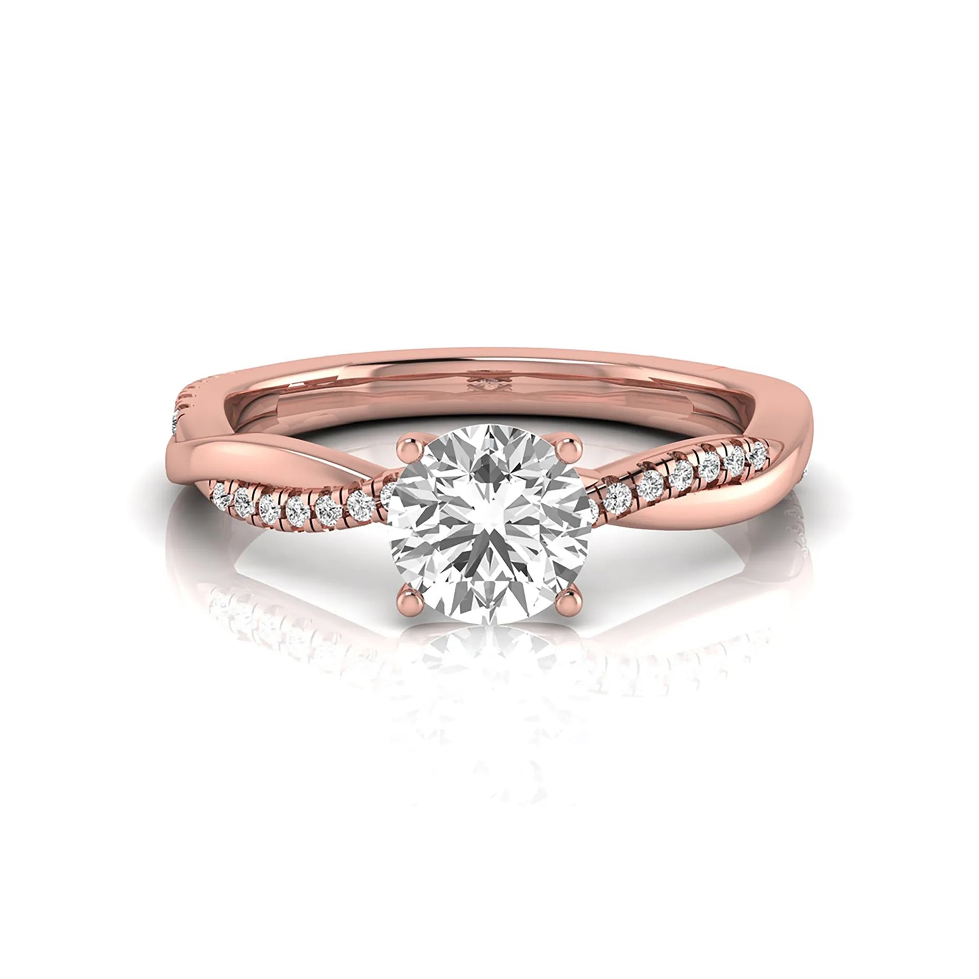 Round cut lab grown diamond engagement ring featuring a twisted pavé shank with a four-prong solitaire setting and polished rose gold tone band.