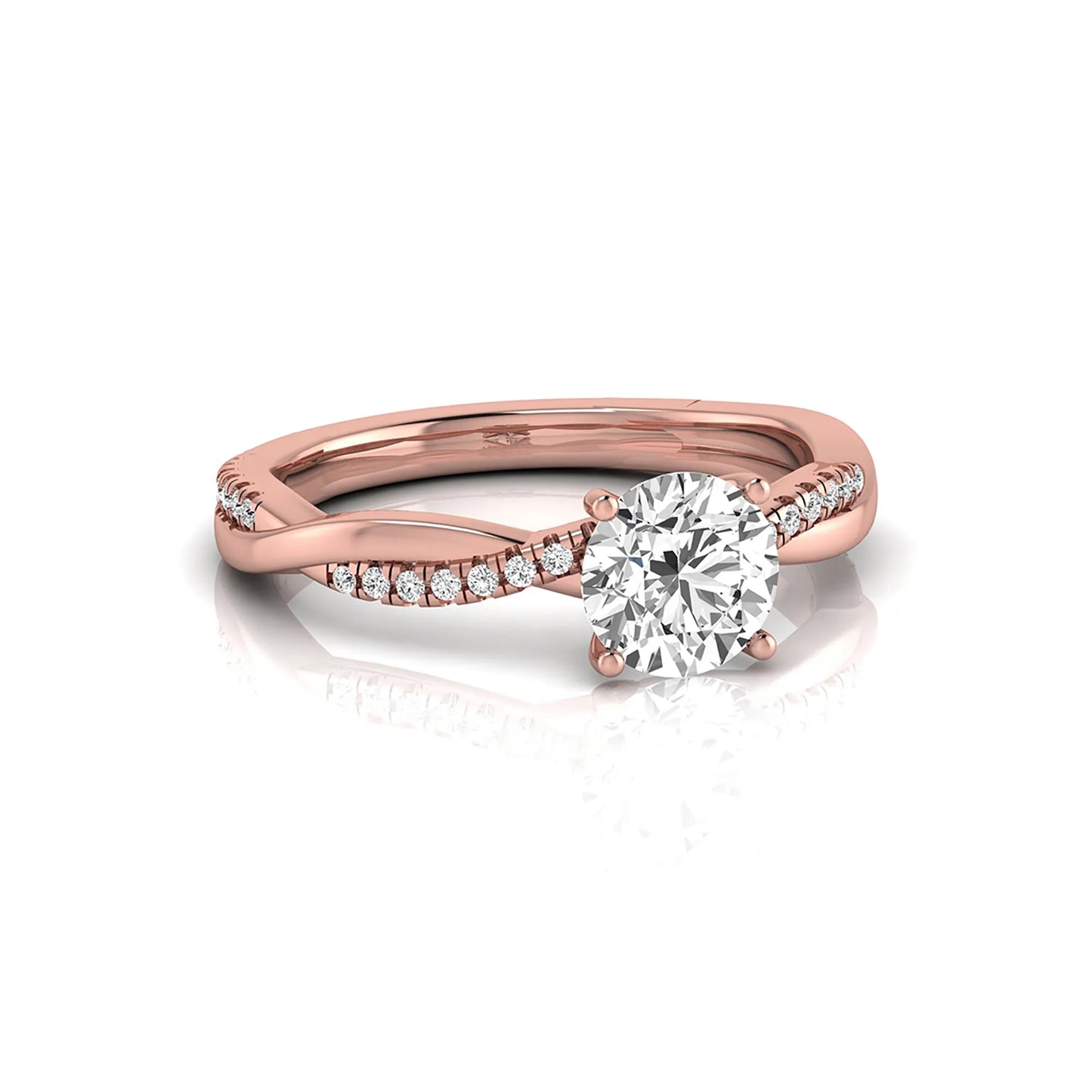 Round cut lab grown diamond engagement ring featuring a twisted pavé shank with a four-prong solitaire setting and polished rose gold tone band.