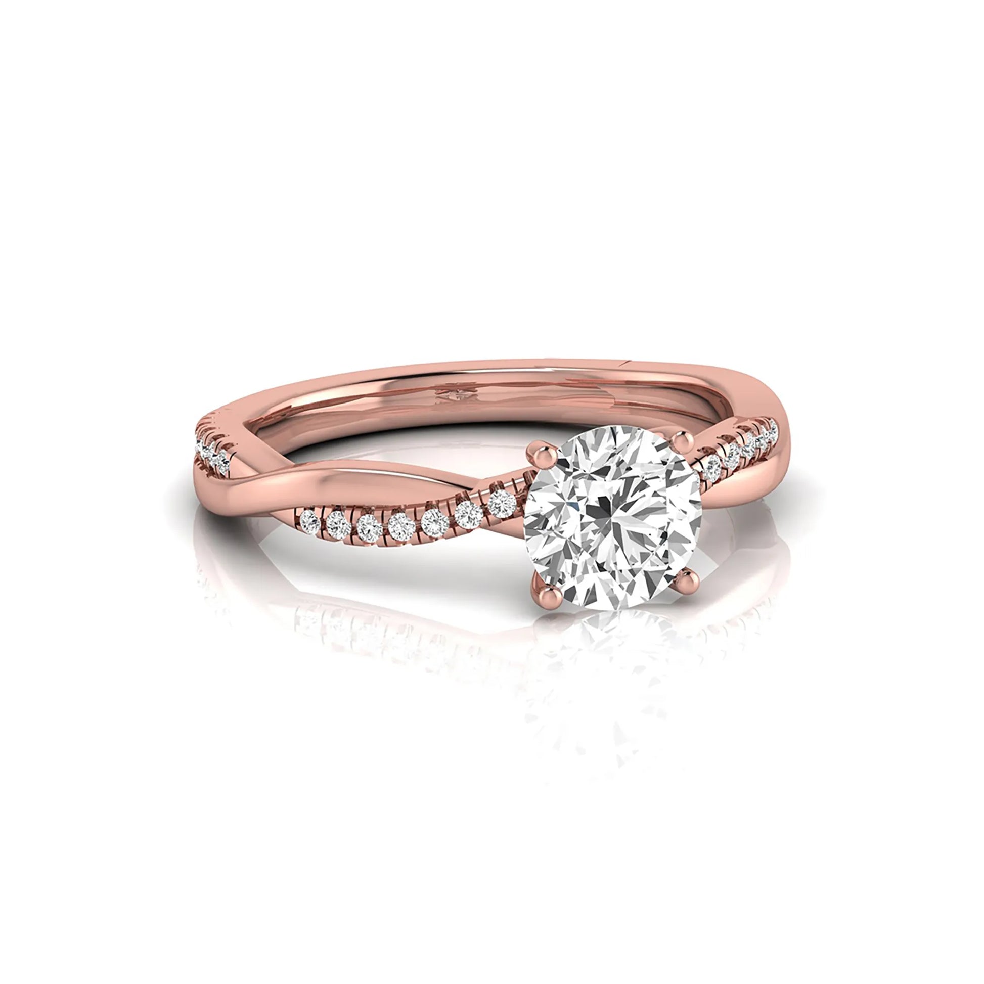 Round cut lab grown diamond engagement ring featuring a twisted pavé shank with a four-prong solitaire setting and polished rose gold tone band.