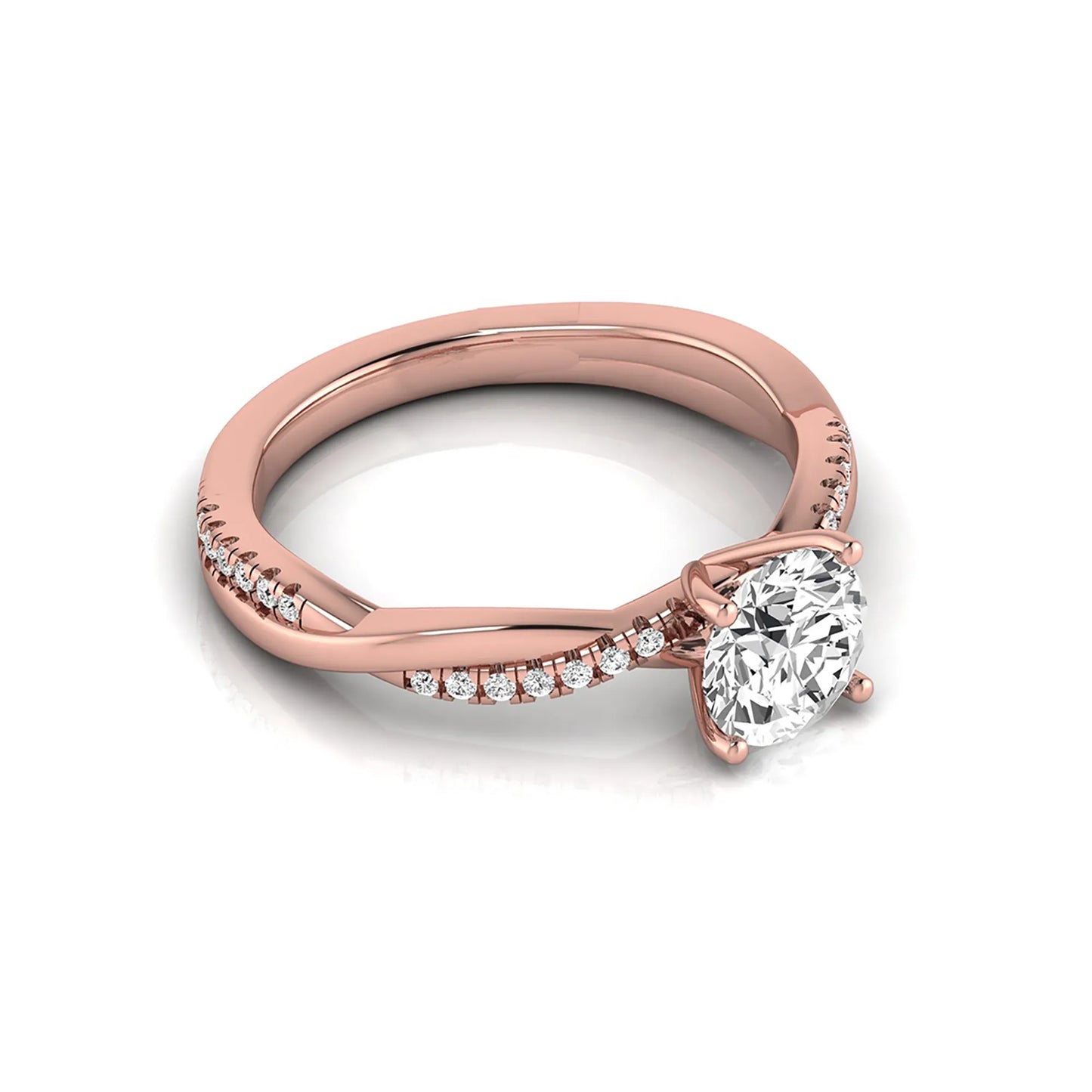 Round cut lab grown diamond engagement ring featuring a twisted pavé shank with a four-prong solitaire setting and polished rose gold tone band.