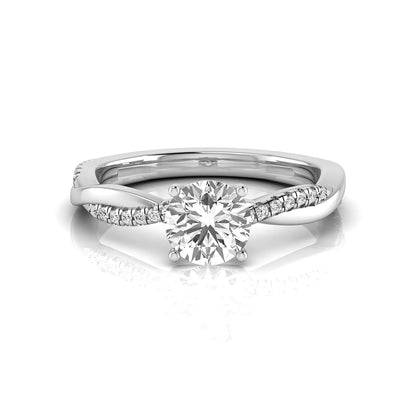 Round cut lab grown diamond engagement ring featuring a twisted pavé shank with a four-prong solitaire setting and polished white gold tone band.