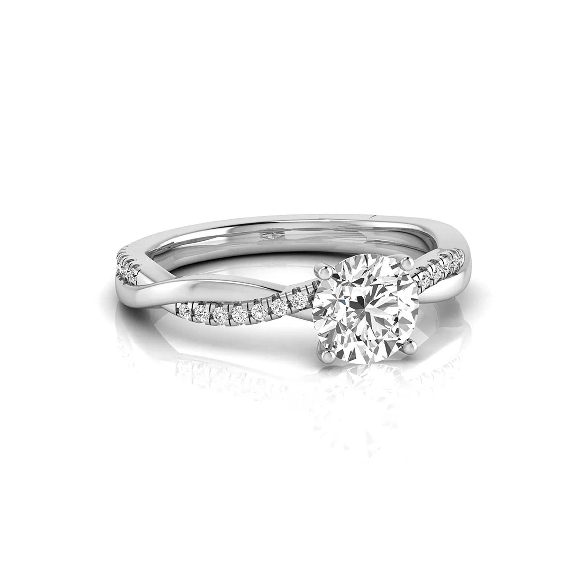 Round cut lab grown diamond engagement ring featuring a twisted pavé shank with a four-prong solitaire setting and polished white gold tone band.