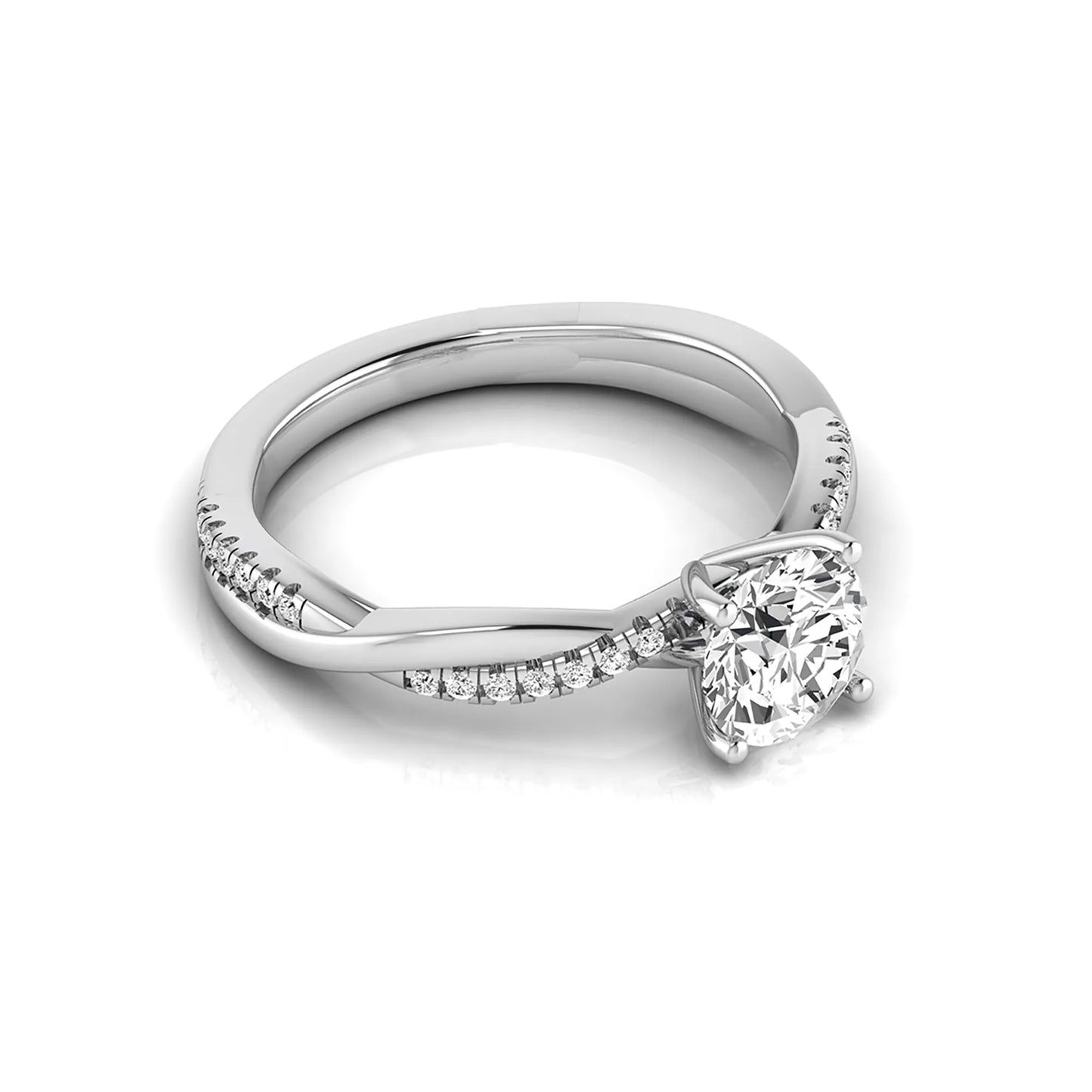 Round cut lab grown diamond engagement ring featuring a twisted pavé shank with a four-prong solitaire setting and polished white gold tone band.