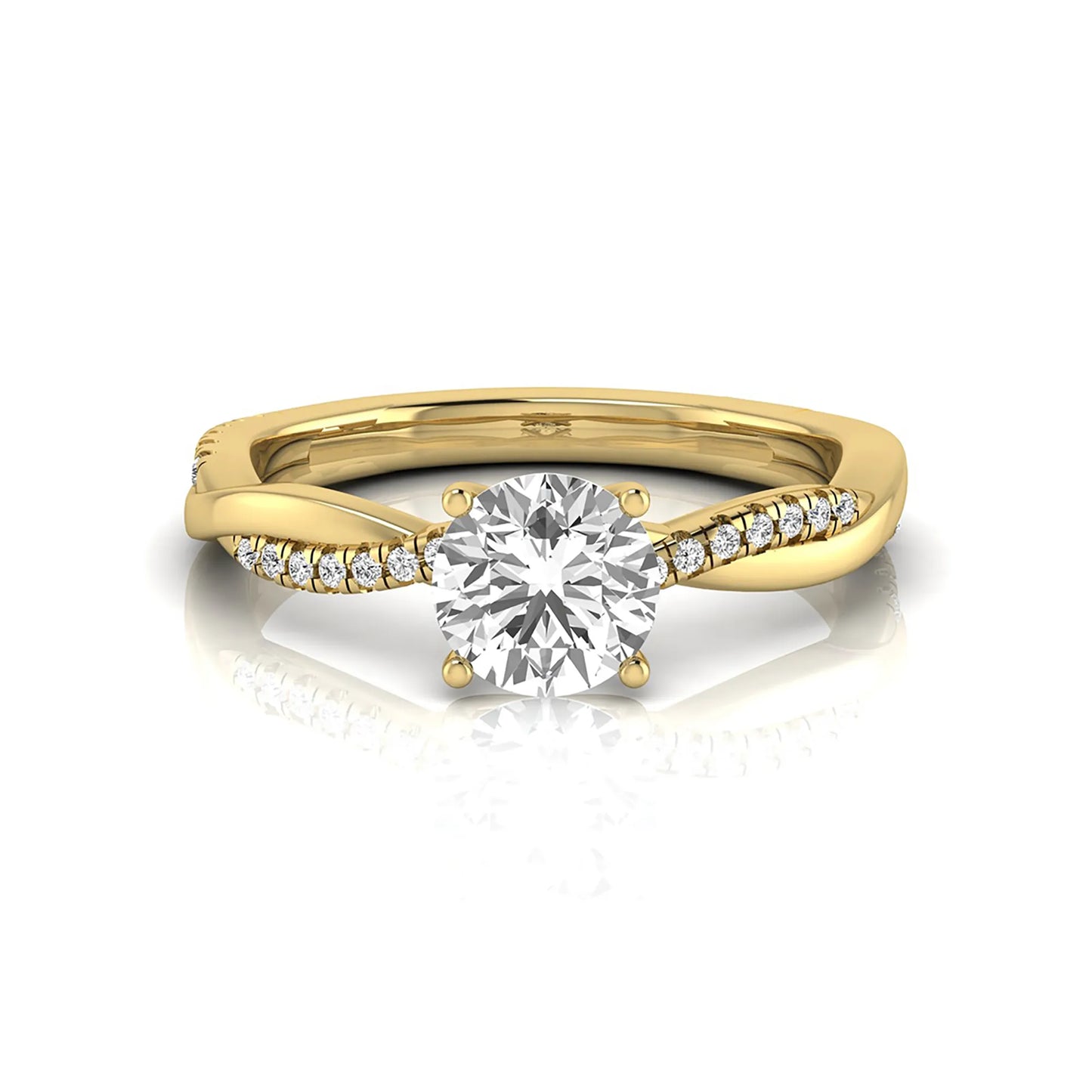 Round cut lab grown diamond engagement ring featuring a twisted pavé shank with a four-prong solitaire setting and polished yellow gold tone band.