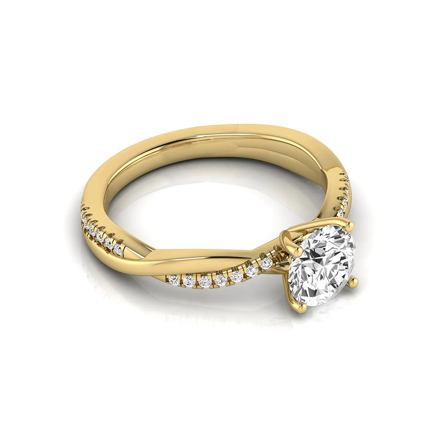 Round cut lab grown diamond engagement ring featuring a twisted pavé shank with a four-prong solitaire setting and polished yellow gold tone band.
