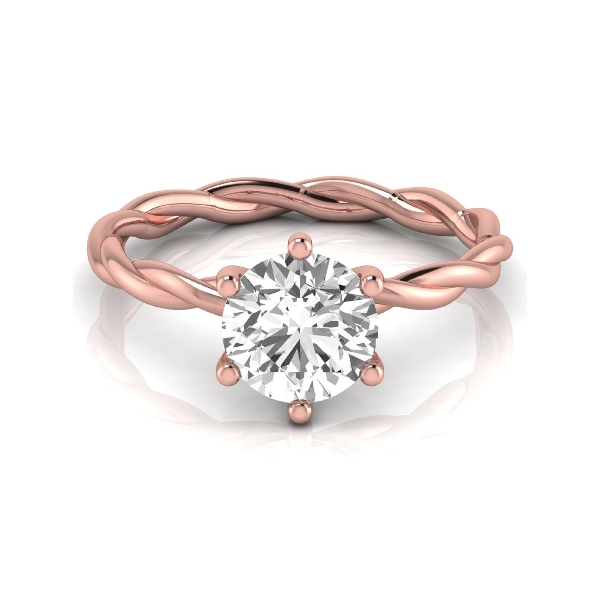 Round cut lab grown diamond engagement ring featuring a 1.28 carat center diamond in a six-prong solitaire setting with an elegant twisted rope band and polished rose gold finish.