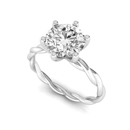 Round cut lab grown diamond engagement ring featuring a 1.28 carat center diamond in a six-prong solitaire setting with an elegant twisted rope band and polished white gold finish.