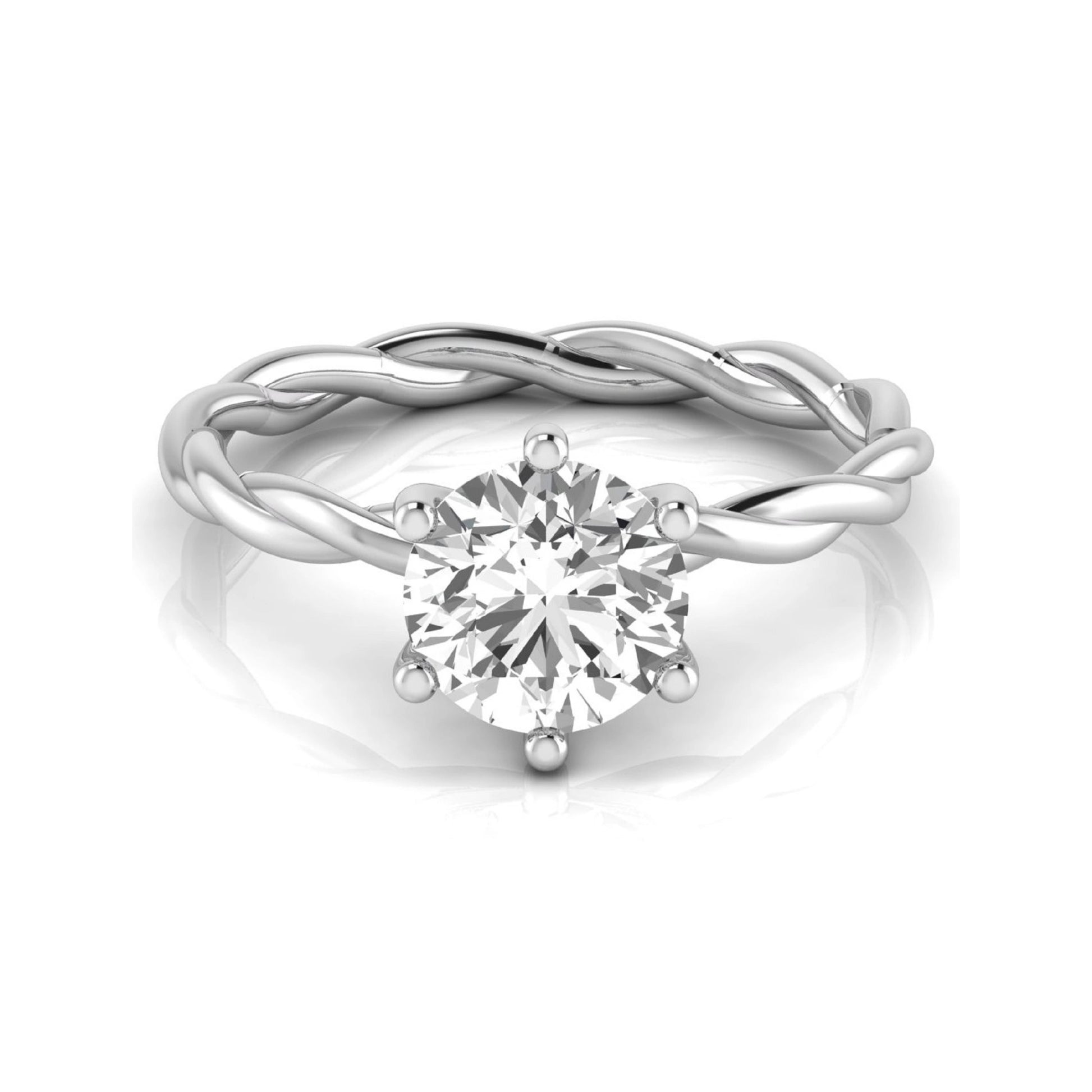 Round cut lab grown diamond engagement ring featuring a 1.28 carat center diamond in a six-prong solitaire setting with an elegant twisted rope band and polished white gold finish.