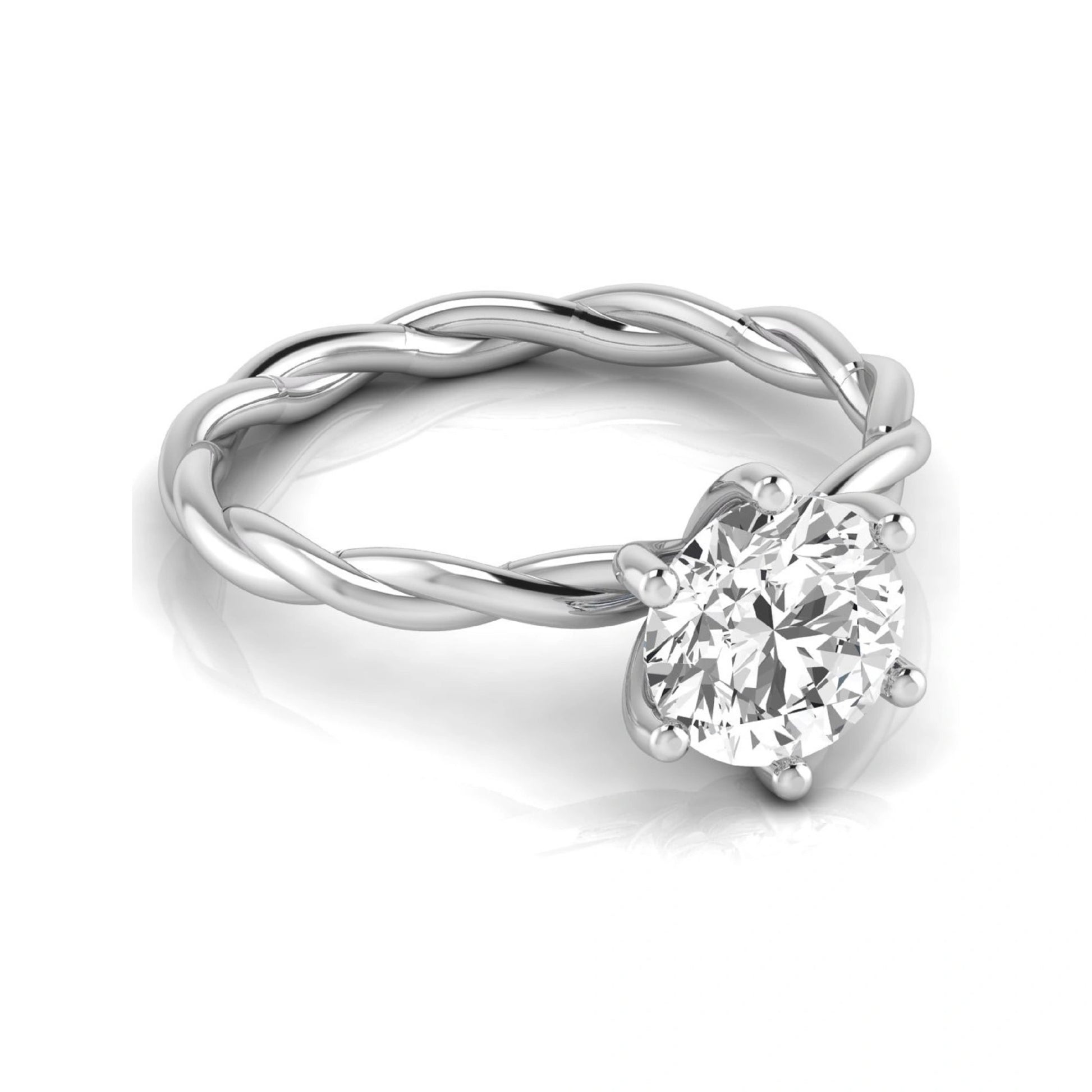 Round cut lab grown diamond engagement ring featuring a 1.28 carat center diamond in a six-prong solitaire setting with an elegant twisted rope band and polished white gold finish.