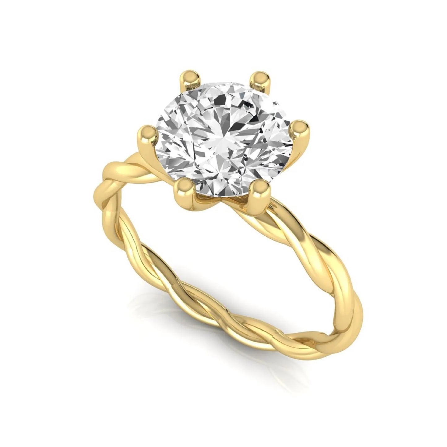 Round cut lab grown diamond engagement ring featuring a 1.28 carat center diamond in a six-prong solitaire setting with an elegant twisted rope band and polished yellow gold finish.