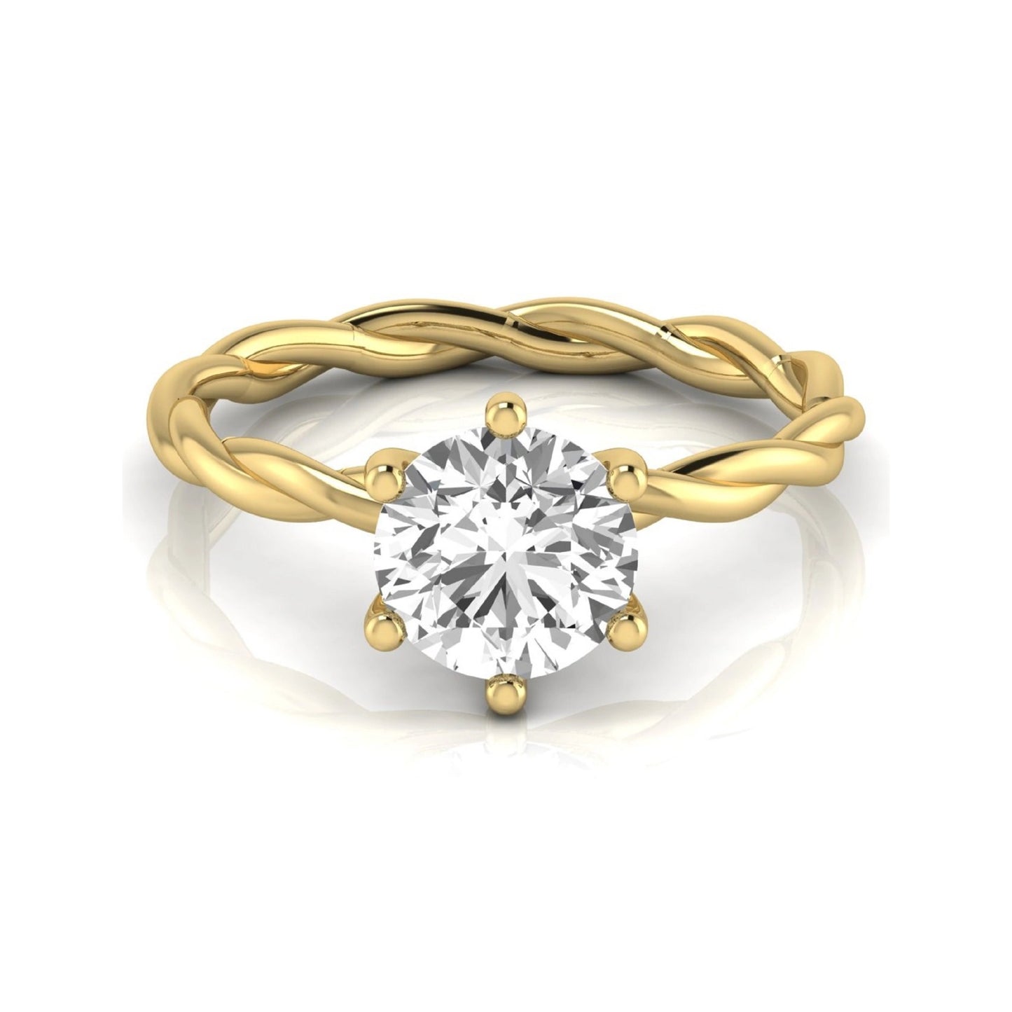 Round cut lab grown diamond engagement ring featuring a 1.28 carat center diamond in a six-prong solitaire setting with an elegant twisted rope band and polished yellow gold finish.