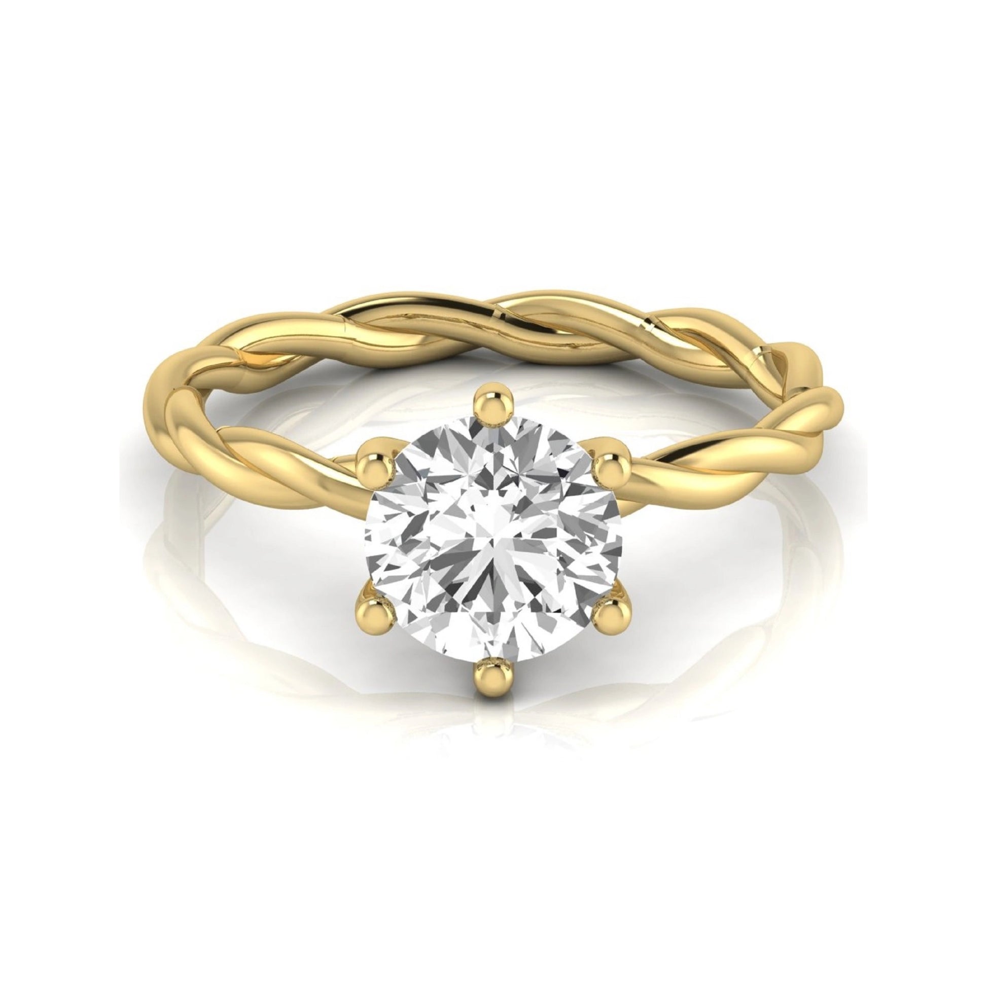 Round cut lab grown diamond engagement ring featuring a 1.28 carat center diamond in a six-prong solitaire setting with an elegant twisted rope band and polished yellow gold finish.