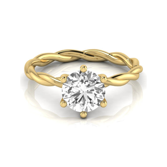 Round cut lab grown diamond engagement ring featuring a 1.28 carat center diamond in a six-prong solitaire setting with an elegant twisted rope band and polished yellow gold finish.