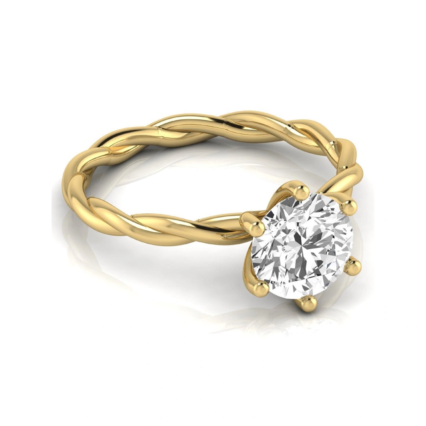 Round cut lab grown diamond engagement ring featuring a 1.28 carat center diamond in a six-prong solitaire setting with an elegant twisted rope band and polished yellow gold finish.