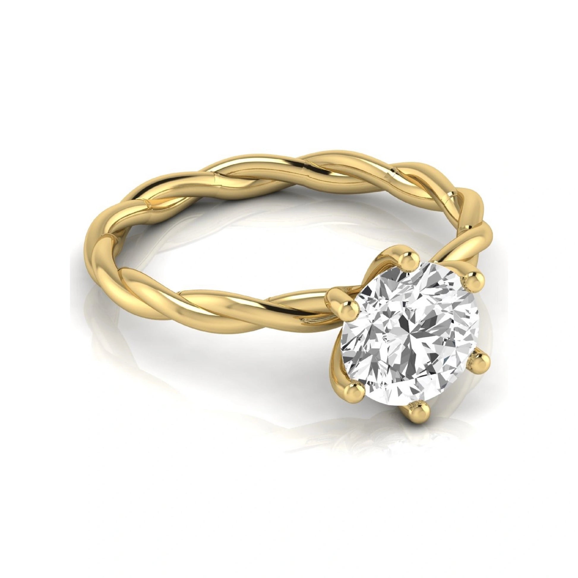 Round cut lab grown diamond engagement ring featuring a 1.28 carat center diamond in a six-prong solitaire setting with an elegant twisted rope band and polished yellow gold finish.