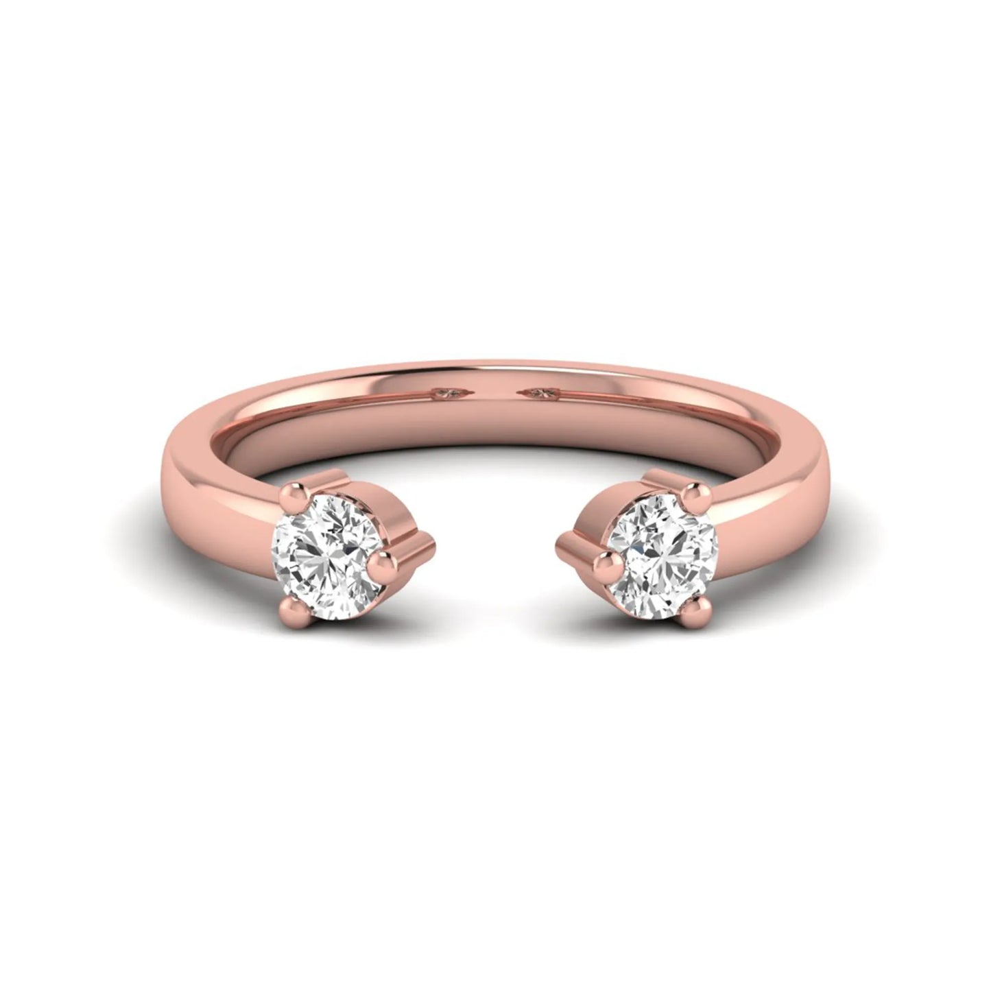 Round lab grown diamond two stone open ring featuring two round brilliant diamonds in four-prong settings in rose gold