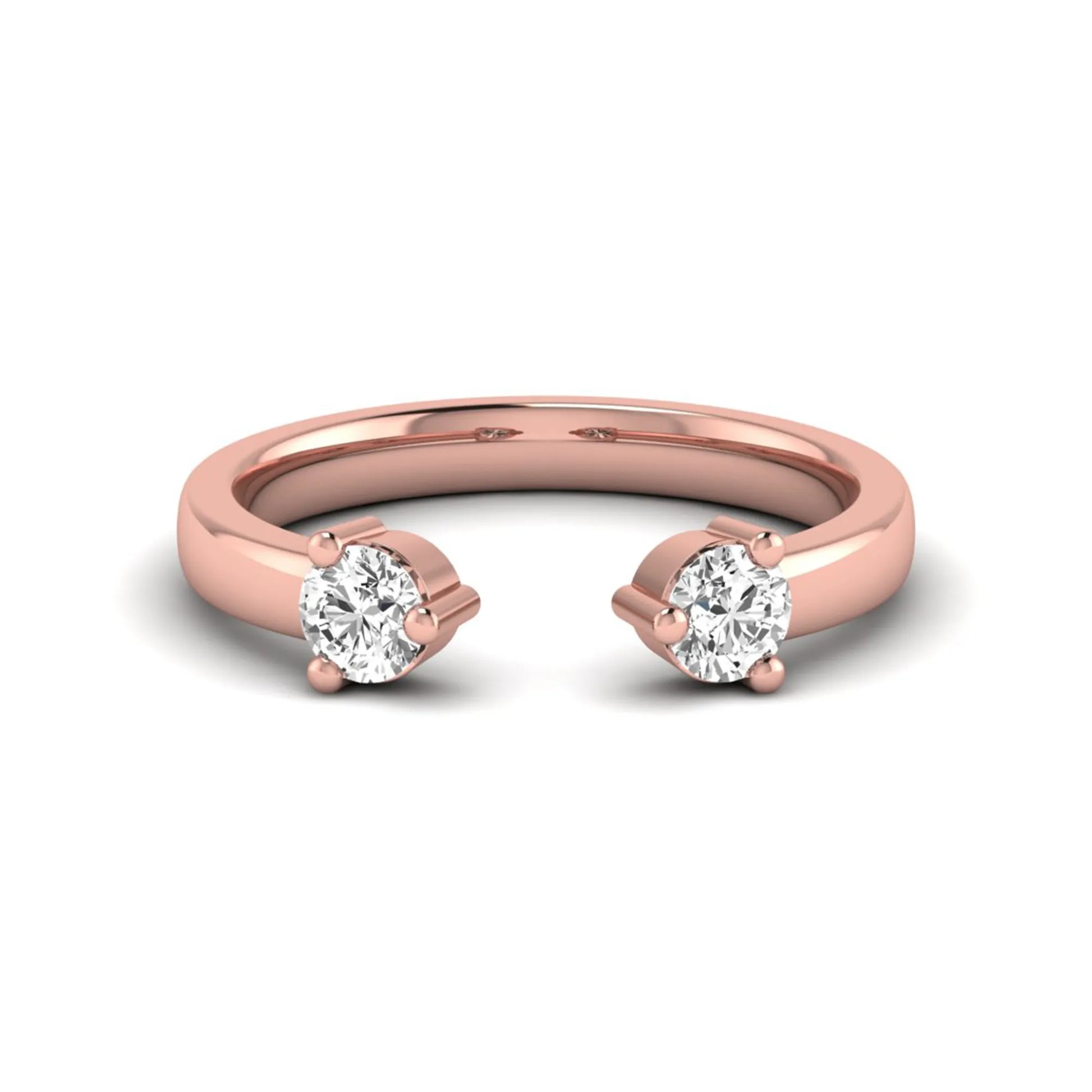 Round lab grown diamond two stone open ring featuring two round brilliant diamonds in four-prong settings in rose gold