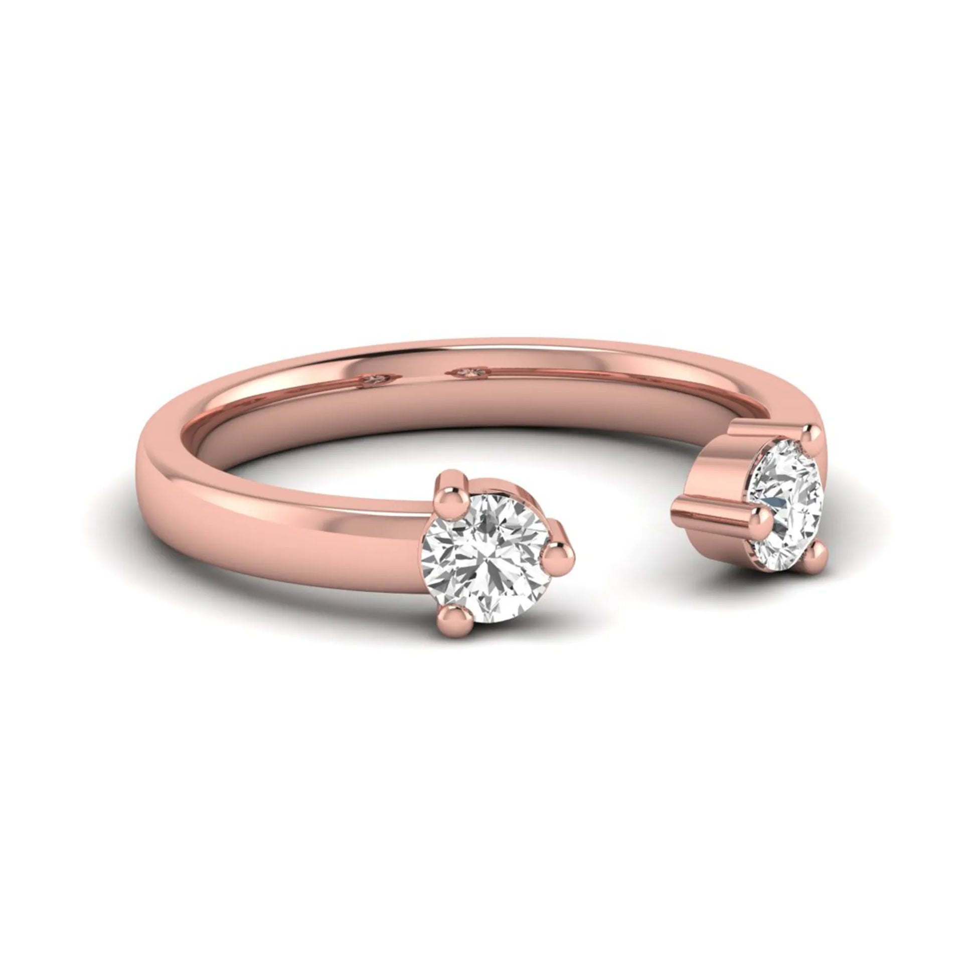 Round lab grown diamond two stone open ring featuring two round brilliant diamonds in four-prong settings in rose gold