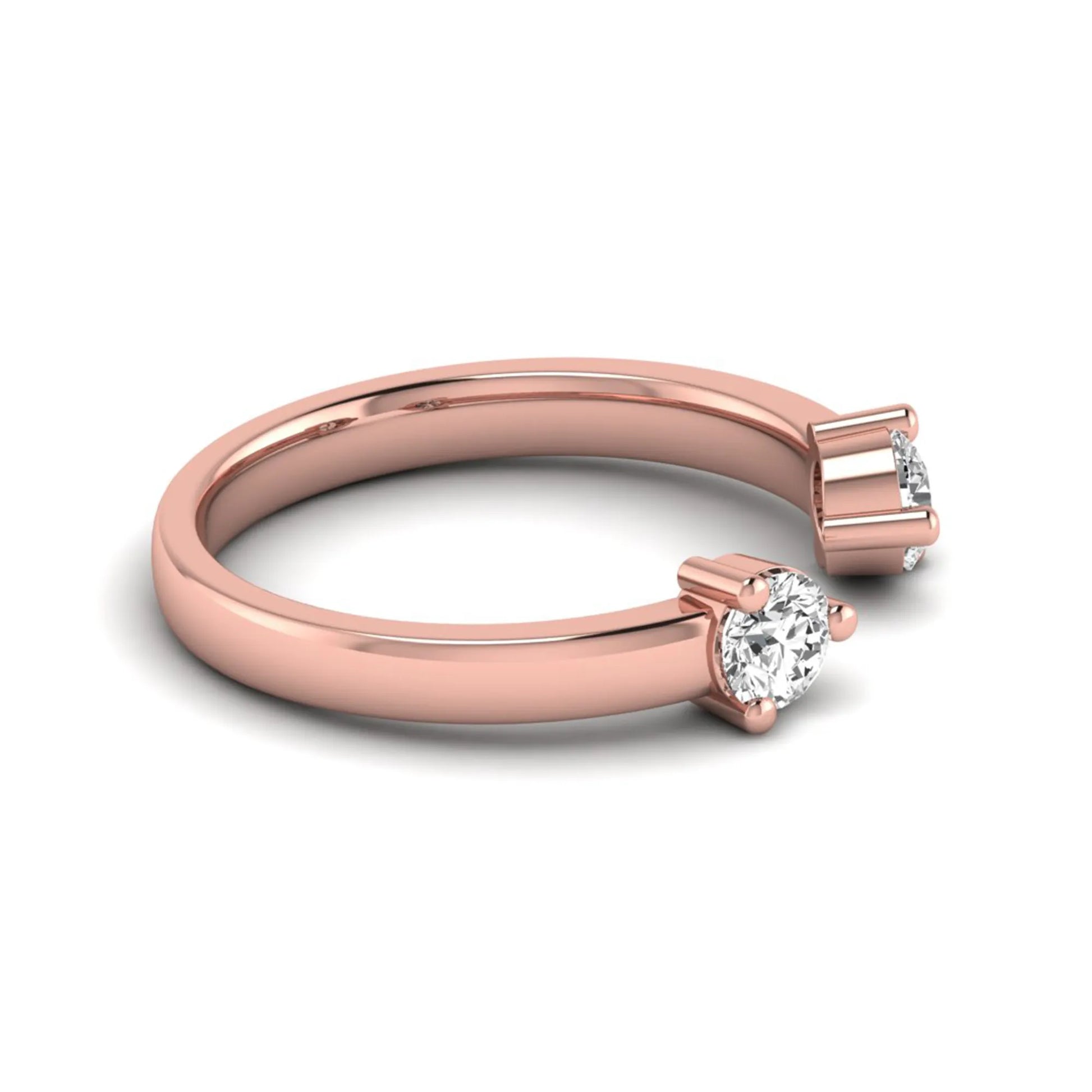 Round lab grown diamond two stone open ring featuring two round brilliant diamonds in four-prong settings in rose gold
