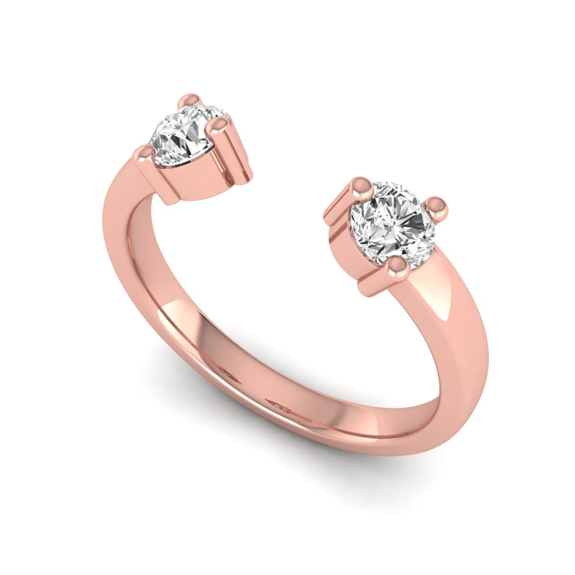 Round lab grown diamond two stone open ring featuring two round brilliant diamonds in four-prong settings in rose gold