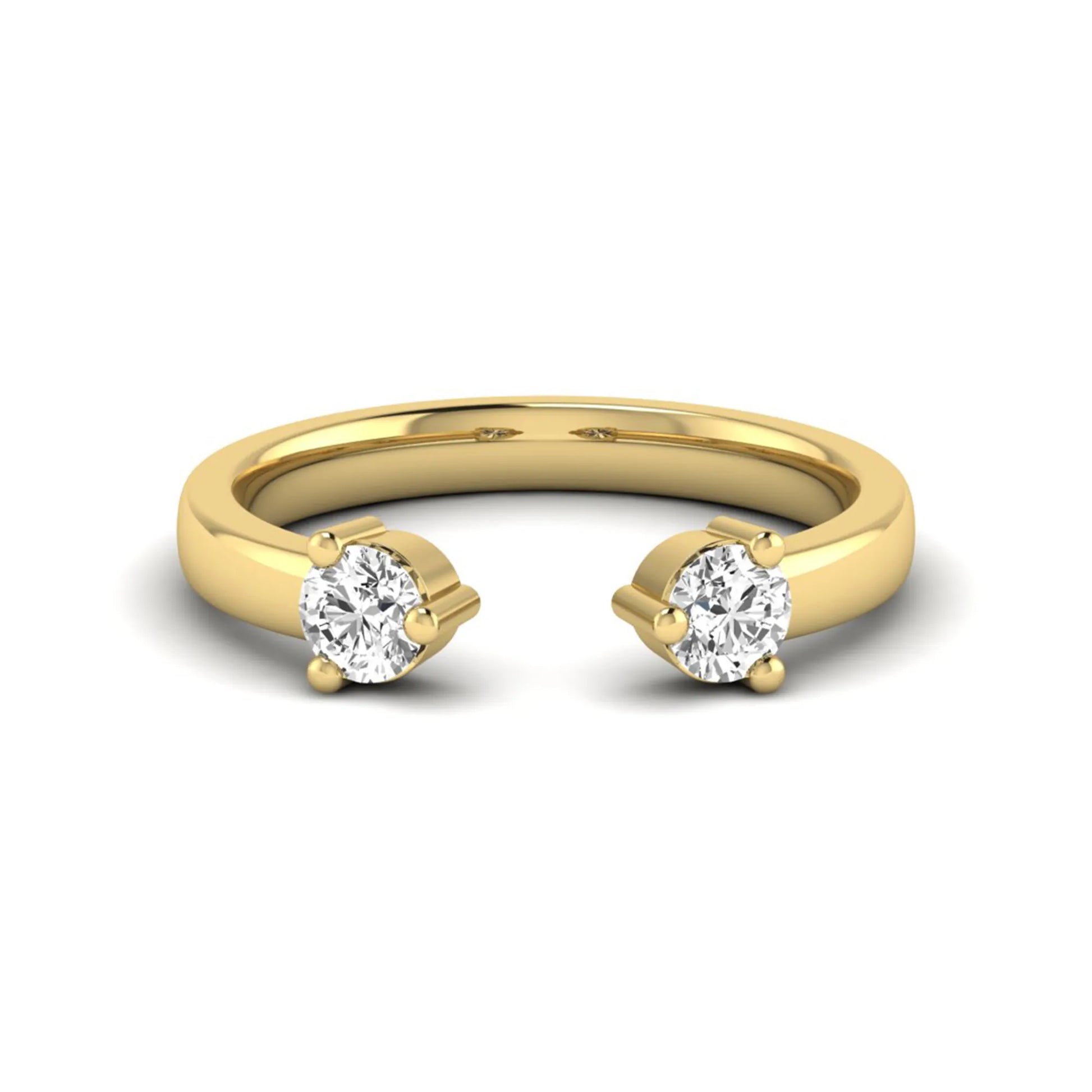 Round lab grown diamond two stone open ring featuring two round brilliant diamonds in four-prong settings in yellow gold