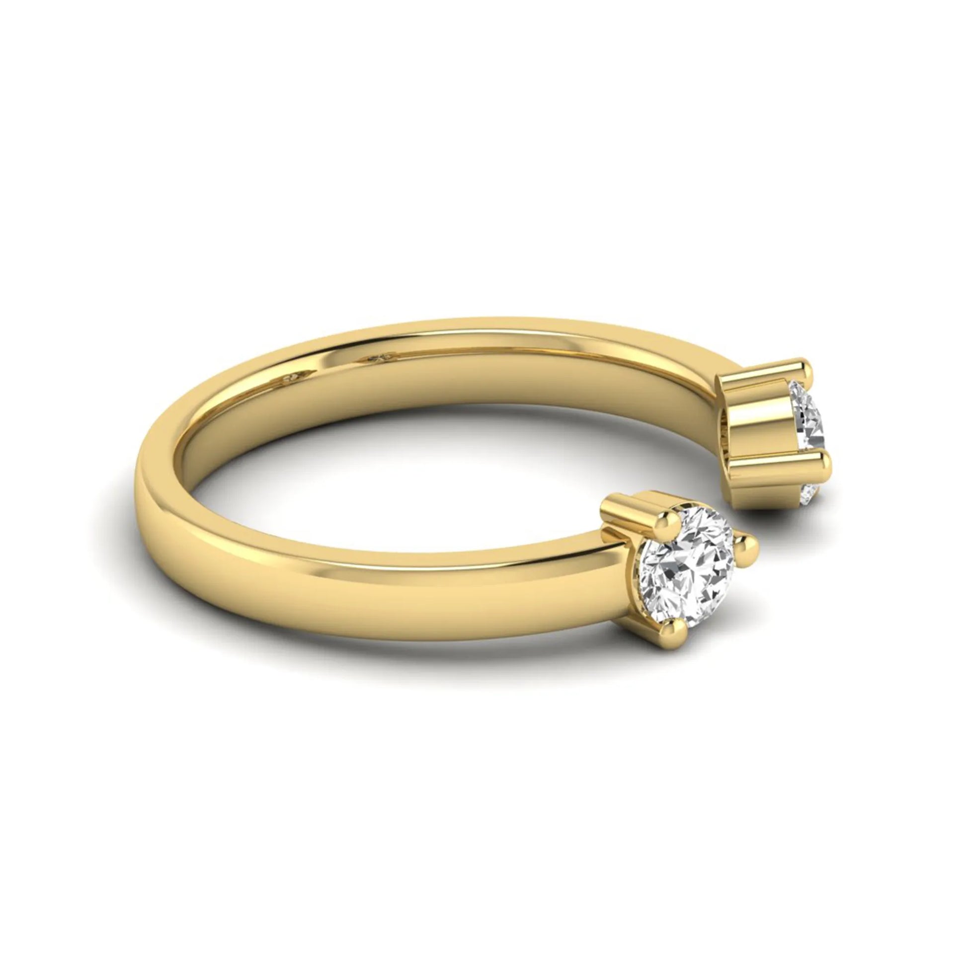 Round lab grown diamond two stone open ring featuring two round brilliant diamonds in four-prong settings in yellow gold