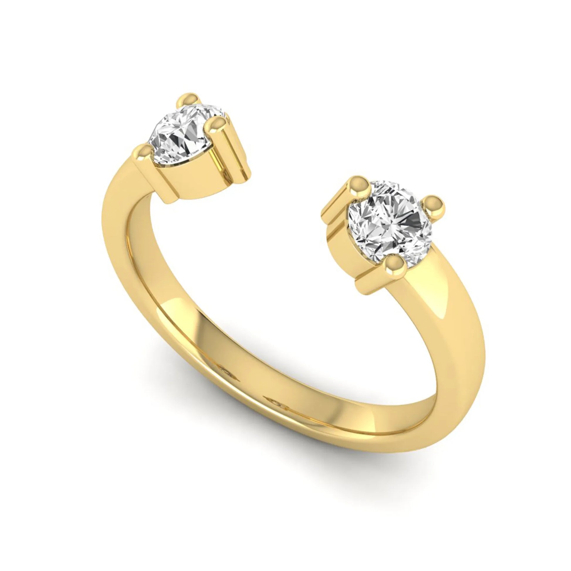 Round lab grown diamond two stone open ring featuring two round brilliant diamonds in four-prong settings in yellow gold