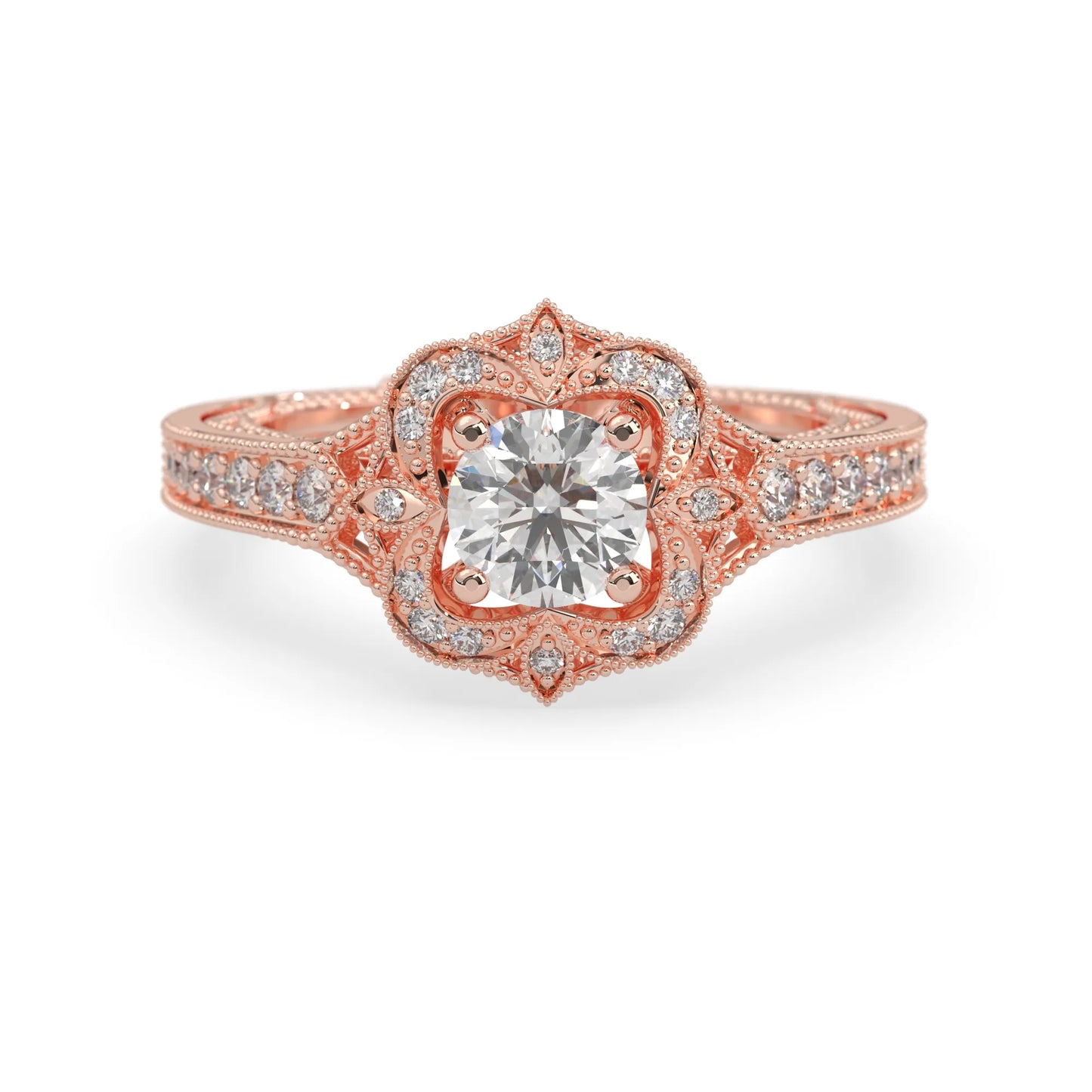 Round vintage halo lab grown diamond pave engagement ring with ornate gold setting and sparkling side diamonds in rose gold