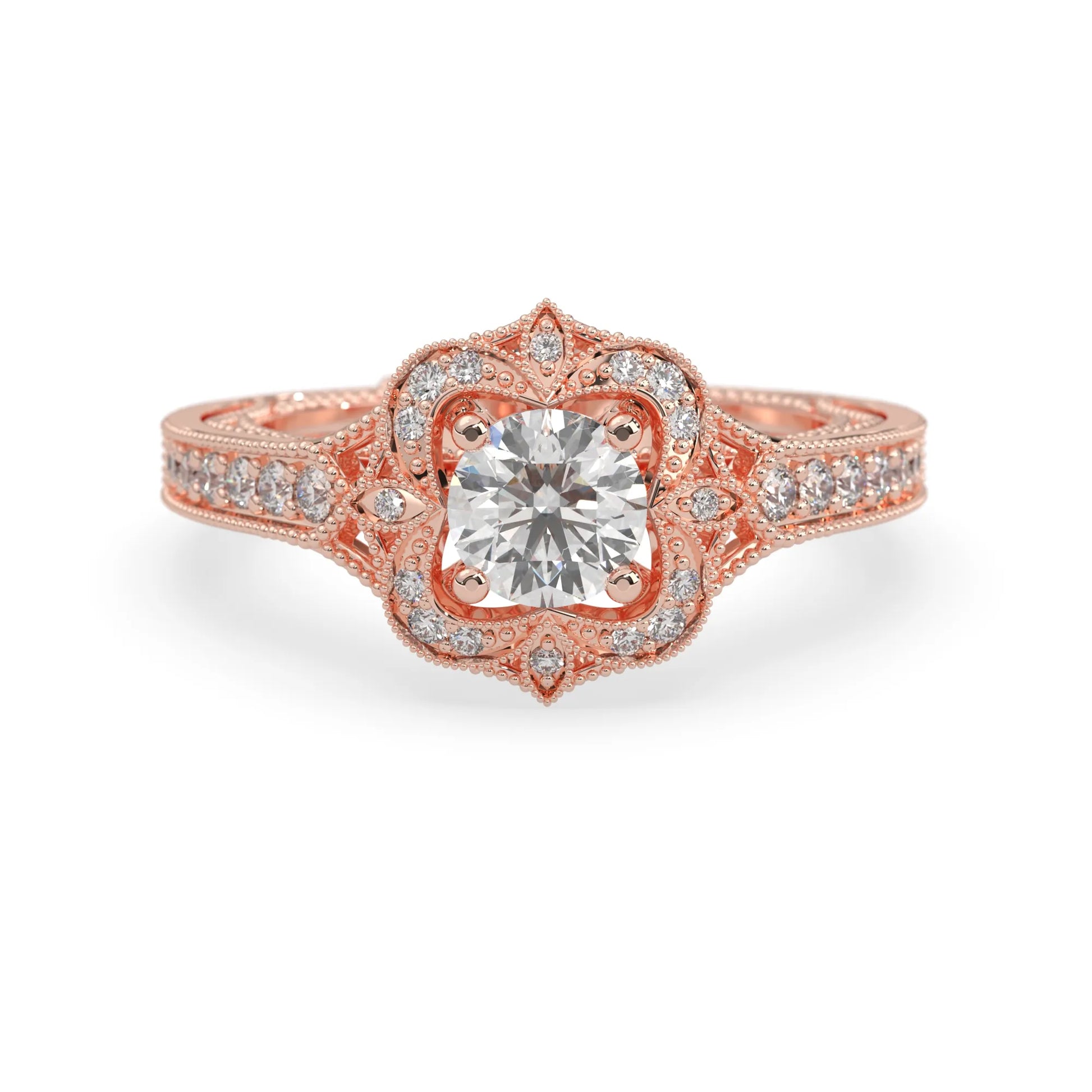 Round vintage halo lab grown diamond pave engagement ring with ornate gold setting and sparkling side diamonds in rose gold