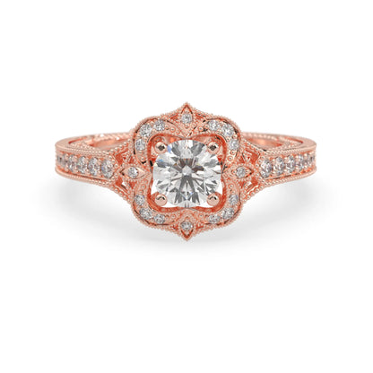 Round vintage halo lab grown diamond pave engagement ring with ornate gold setting and sparkling side diamonds in rose gold