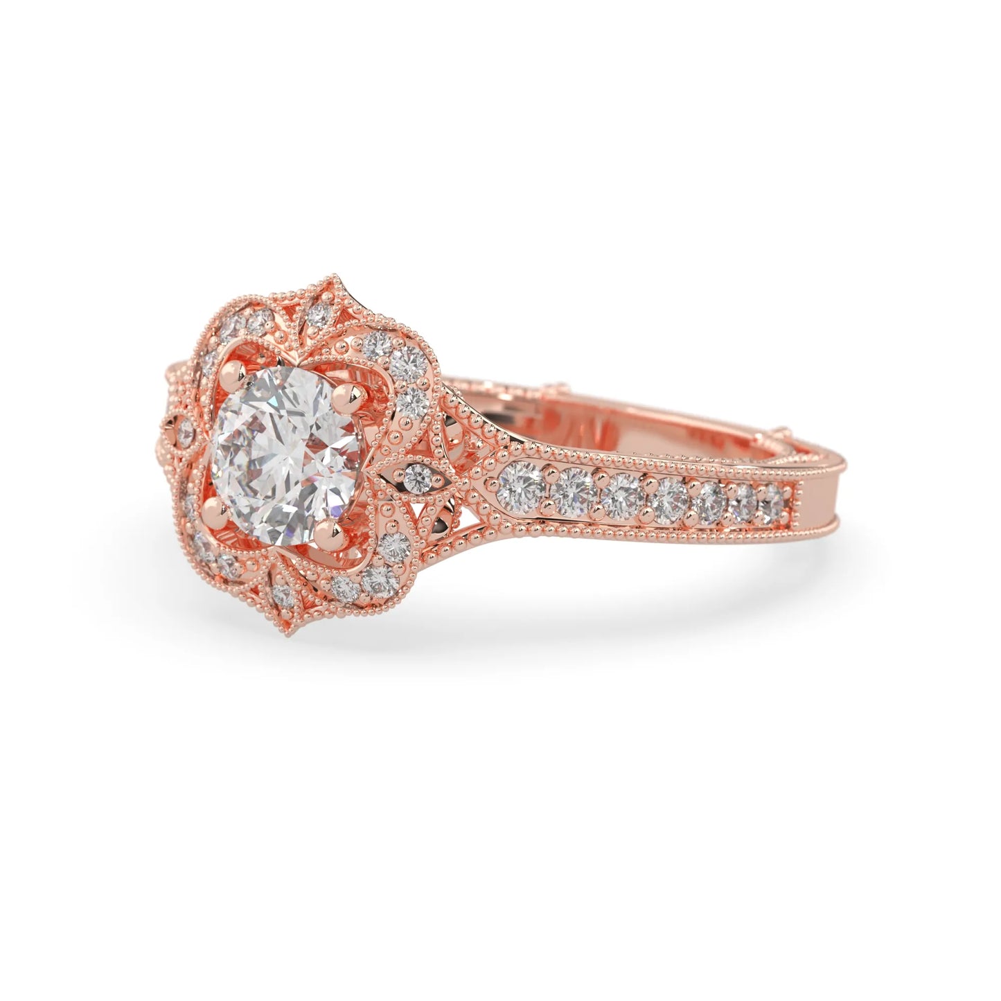 Round vintage halo lab grown diamond pave engagement ring with ornate gold setting and sparkling side diamonds in rose gold