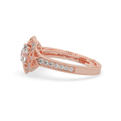 Round vintage halo lab grown diamond pave engagement ring with ornate gold setting and sparkling side diamonds in rose gold