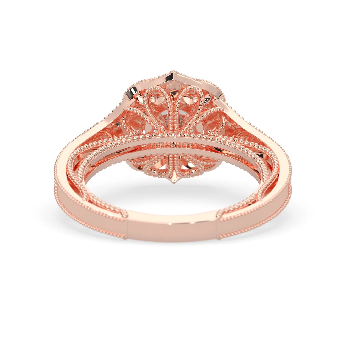 Round vintage halo lab grown diamond pave engagement ring with ornate gold setting and sparkling side diamonds in rose gold