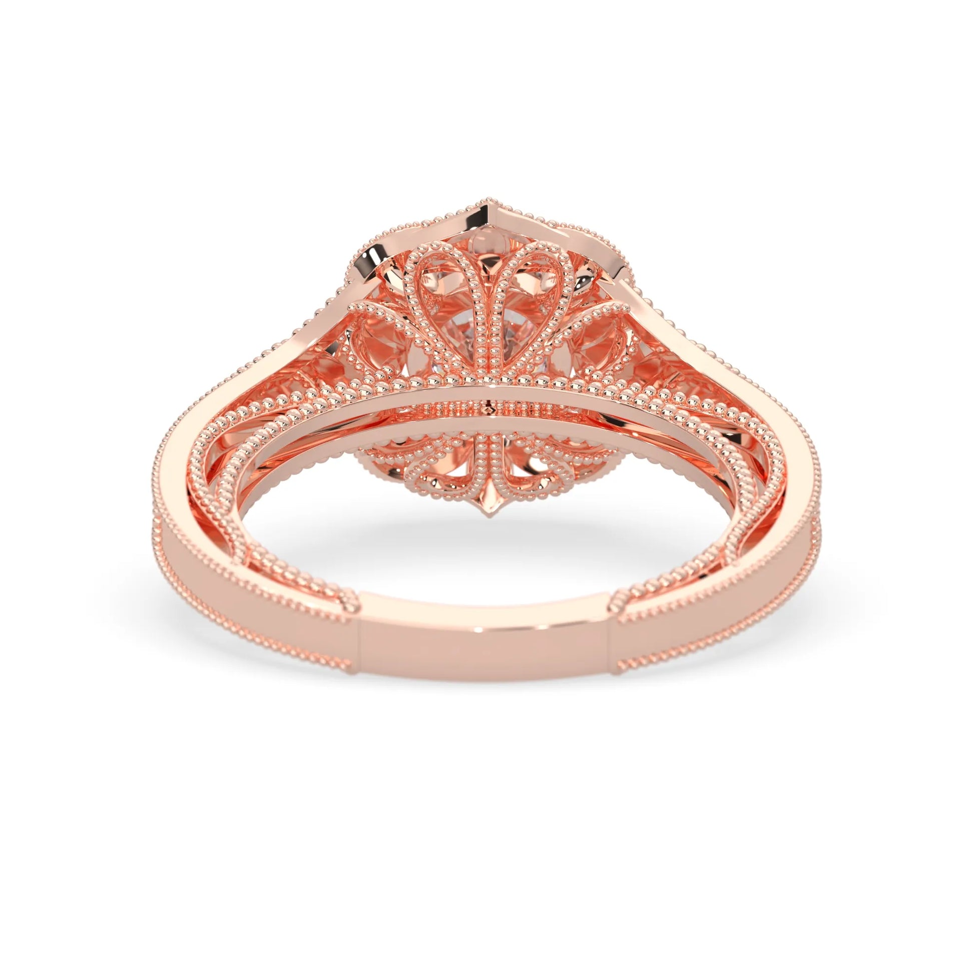 Round vintage halo lab grown diamond pave engagement ring with ornate gold setting and sparkling side diamonds in rose gold